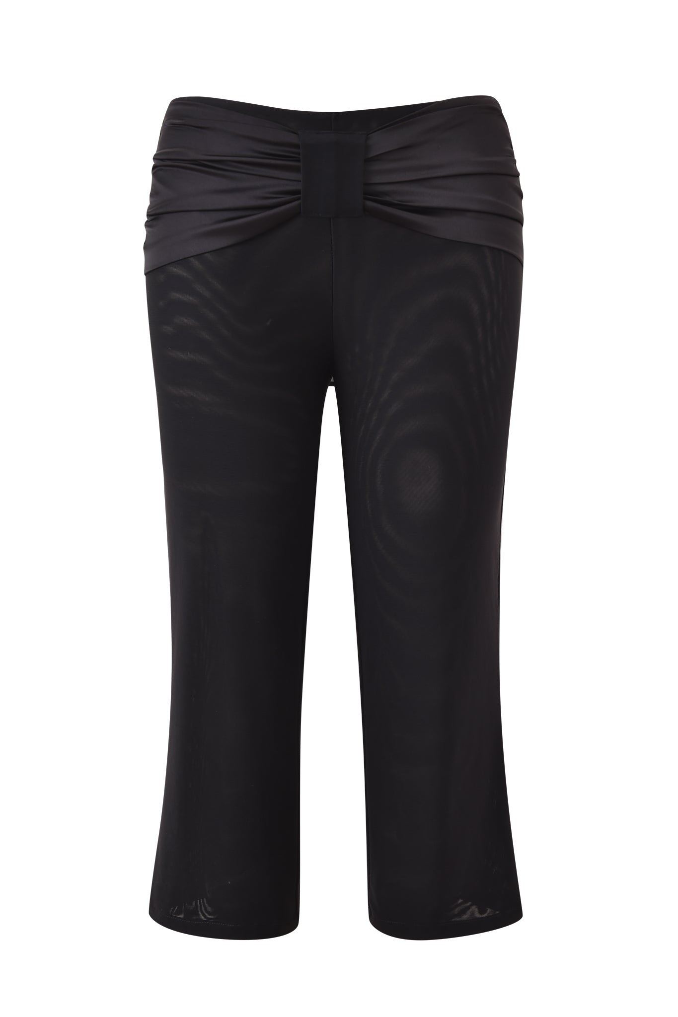 The LIVY CAPRI - BLACK by I.AM.GIA are black mesh capri pants with a wide, gathered, overlapping waistband and a slight flare at the hem, shown against a white background.