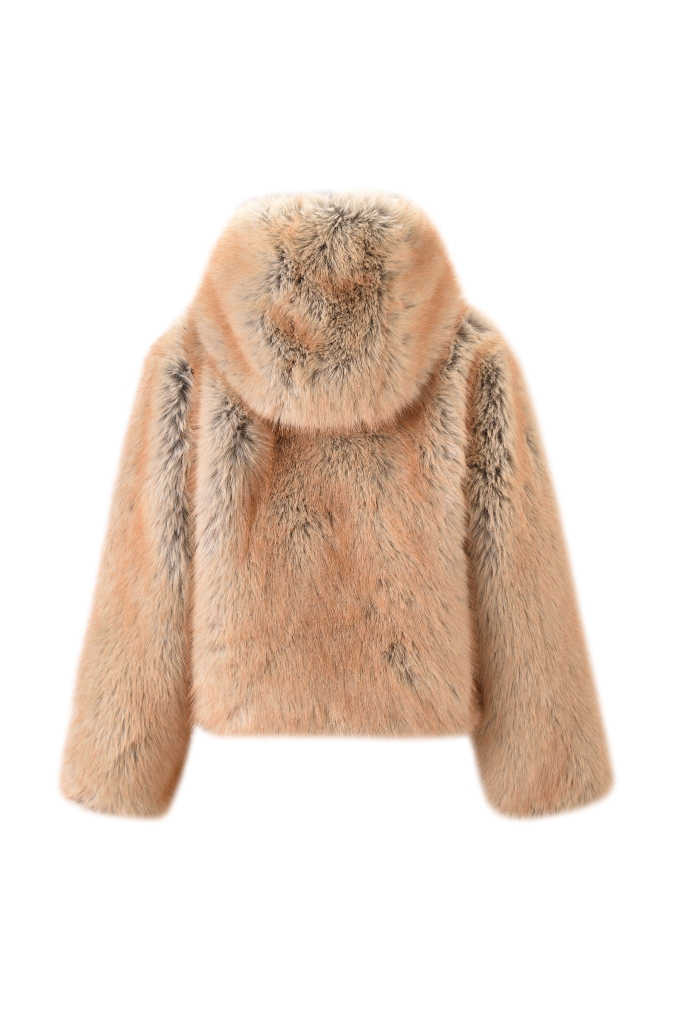 The I.AM.GIA EVEREST REVERSIBLE JACKET - BROWN is a tan and light brown faux fur jacket with an oversized hood, soft plush texture, cropped fit, and a back view.