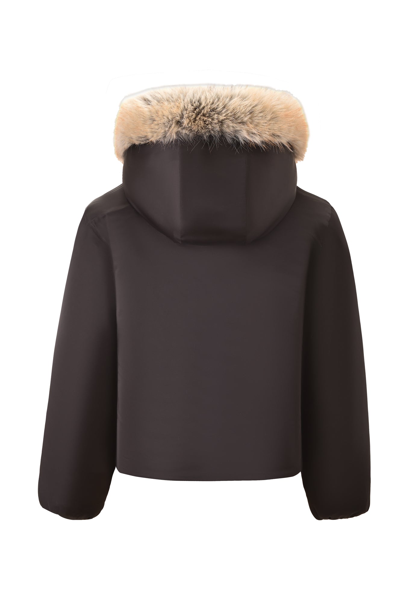 The I.AM.GIA EVEREST REVERSIBLE JACKET - BROWN features black faux fur, long sleeves, a hood with a light brown faux fur trim, and is displayed from the back against a white background.
