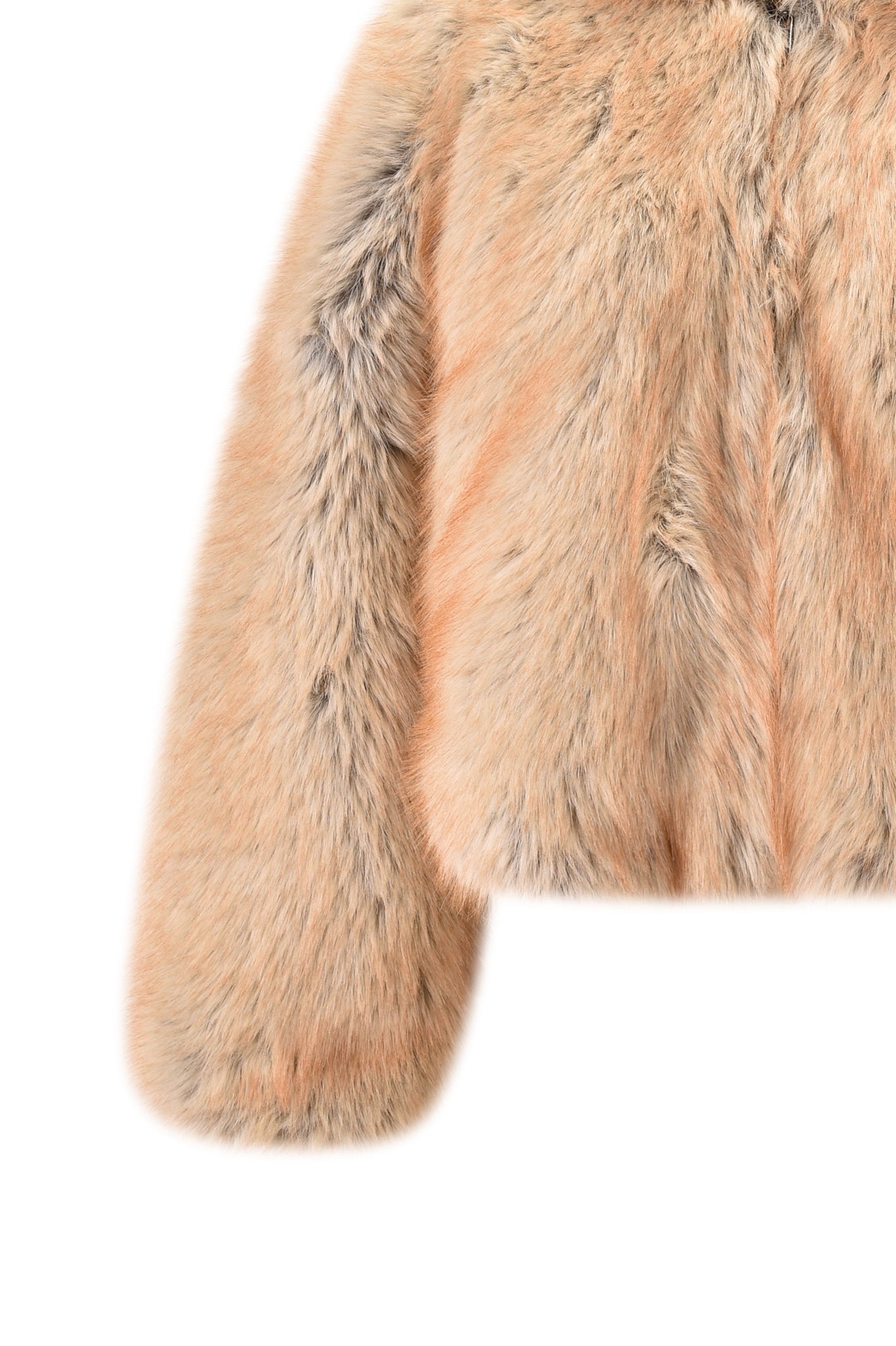 The I.AM.GIA EVEREST REVERSIBLE JACKET in brown is a cropped faux fur jacket with long sleeves and an oversized hood, shown on a white background.