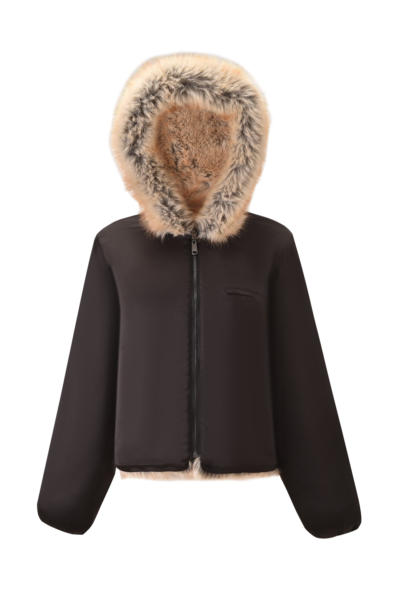 The I.AM.GIA EVEREST REVERSIBLE JACKET - BROWN features an oversized fit, front zipper, long sleeves, and a hood with light brown faux fur lining. Matching faux fur trims the hem and inner hood for extra warmth and style.