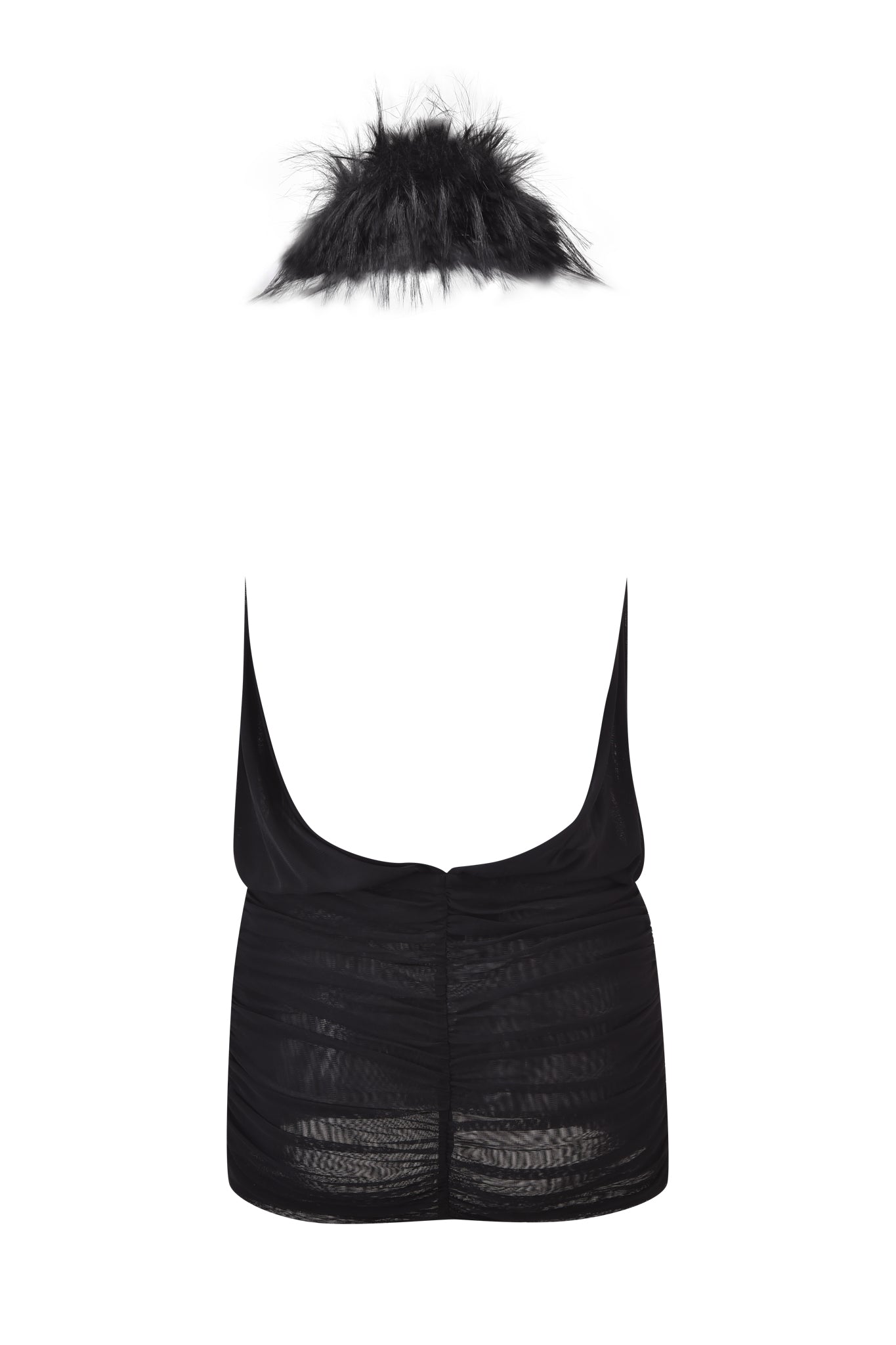 The I.AM.GIA YARA MINI DRESS in black features a sheer, backless halter neckline with a feather-trimmed faux fur collar, shown against a white background.