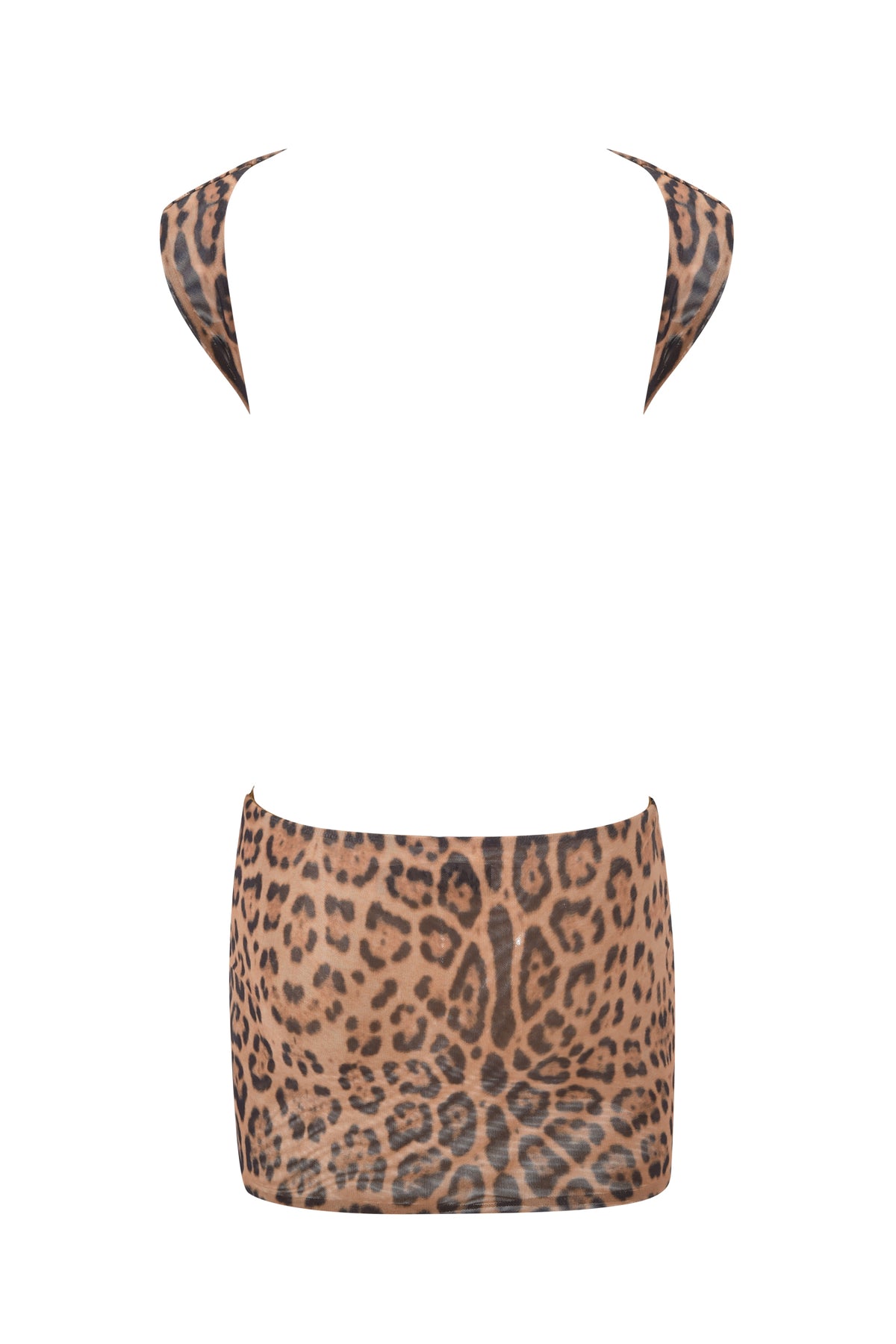 The CORALINE MINI DRESS - PANTHERA by I.AM.GIA is a sleeveless mini dress featuring a brown and black leopard print pattern, displayed on a white background.