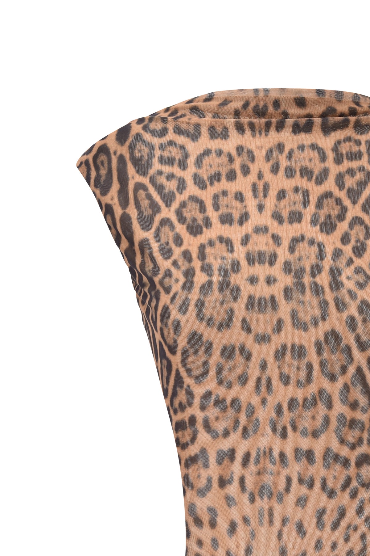 A close-up of the fabric used in the I.AM.GIA CORALINE MINI DRESS - PANTHERA, showcasing its striking brown and black leopard print pattern, elegantly draped and slightly curved against a white background—ideal for making a statement with an eye-catching animal print mini dress.
