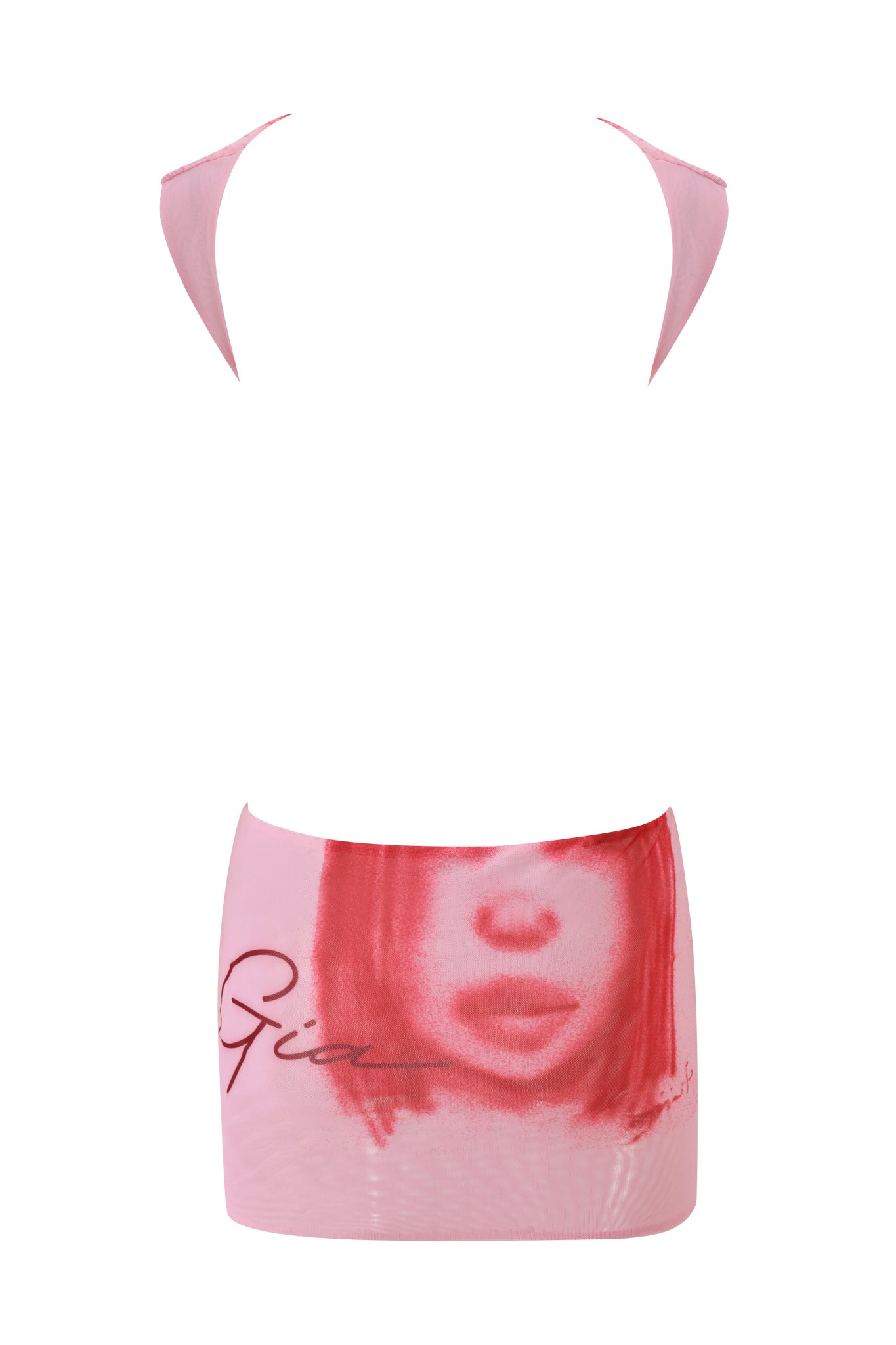 The T-REX CORALINE MINI DRESS - PINK by I.AM.GIA is a striking micro mini halter dress, featuring a red-toned portrait of a woman’s face and the word “Gia” in script on the skirt. This festival-ready piece highlights signature I.AM.GIA print details, adding an edgy and modern flair.