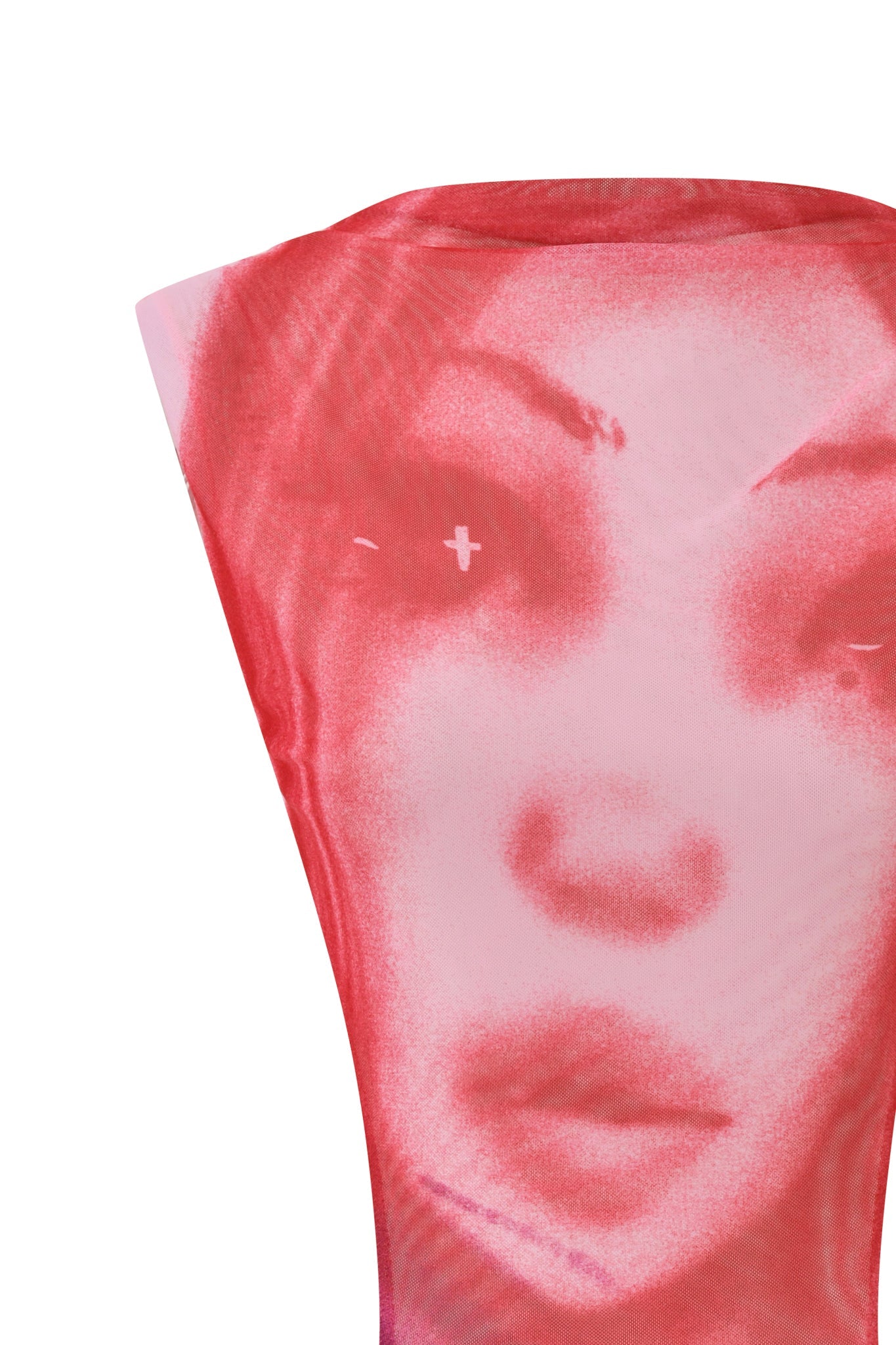 A sheer, pink mini dress—the T-REX CORALINE MINI DRESS by I.AM.GIA—features a stylized, airbrushed face with full lips and expressive eyes reminiscent of the brand’s iconic prints, stretched over an object against a plain white background.
