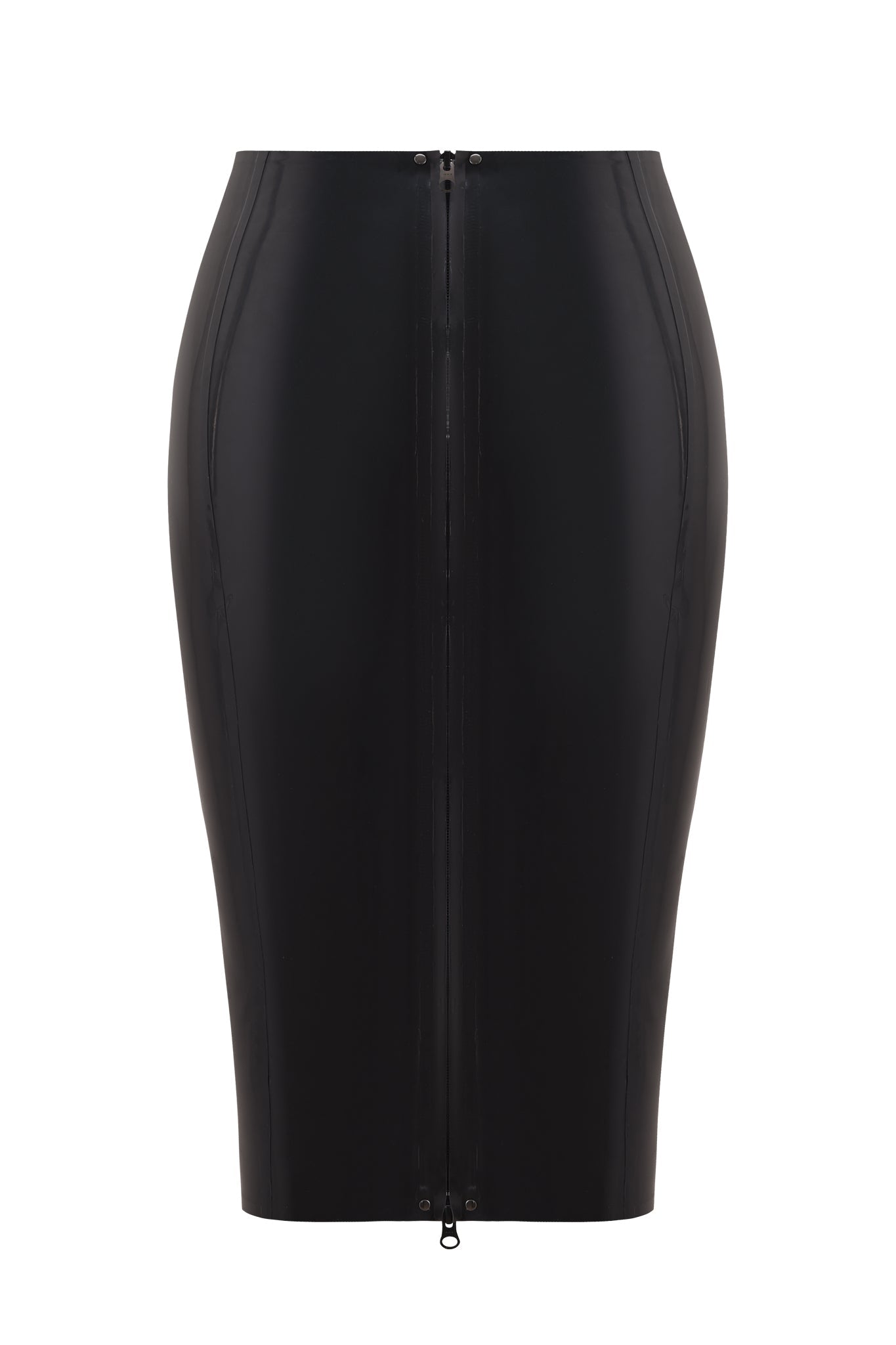 The BUFFY LATEX MIDI SKIRT - BLACK by I.AM.GIA is a high-waisted, high gloss latex skirt with visible seam lines and a full-length center front zipper.