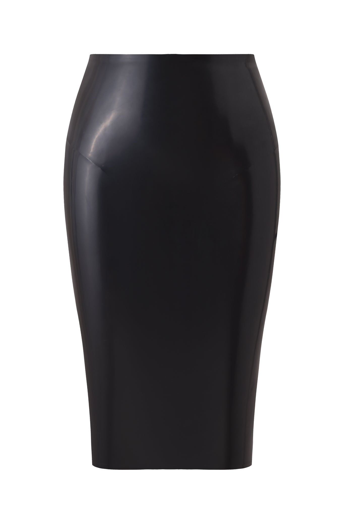 The I.AM.GIA BUFFY LATEX MIDI SKIRT in black features a high waist and form-fitting pencil silhouette with a glossy latex finish, shown against a plain white background.