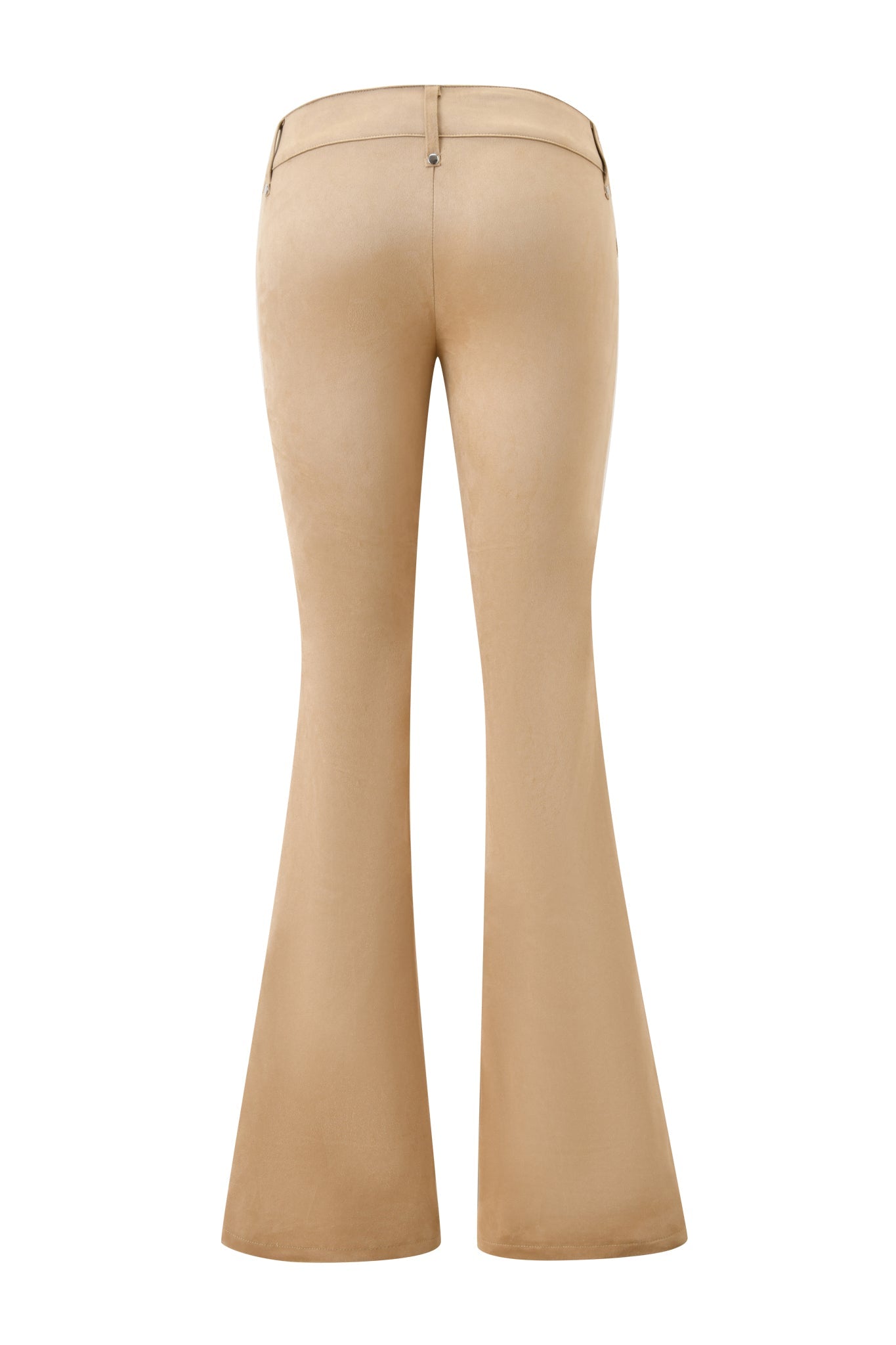 Back view of the I.AM.GIA XENIA SUEDE PANT in tan, featuring two back pockets and a single button waistband closure. Flared legs dramatically widen from the knees to the hem.