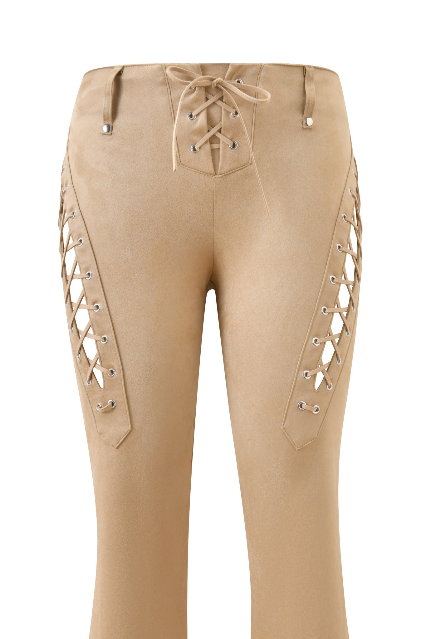 The I.AM.GIA XENIA SUEDE PANT - TAN features beige faux suede, silver eyelets, crisscross lace-up sides, and a fitted flared-leg design for a chic look.