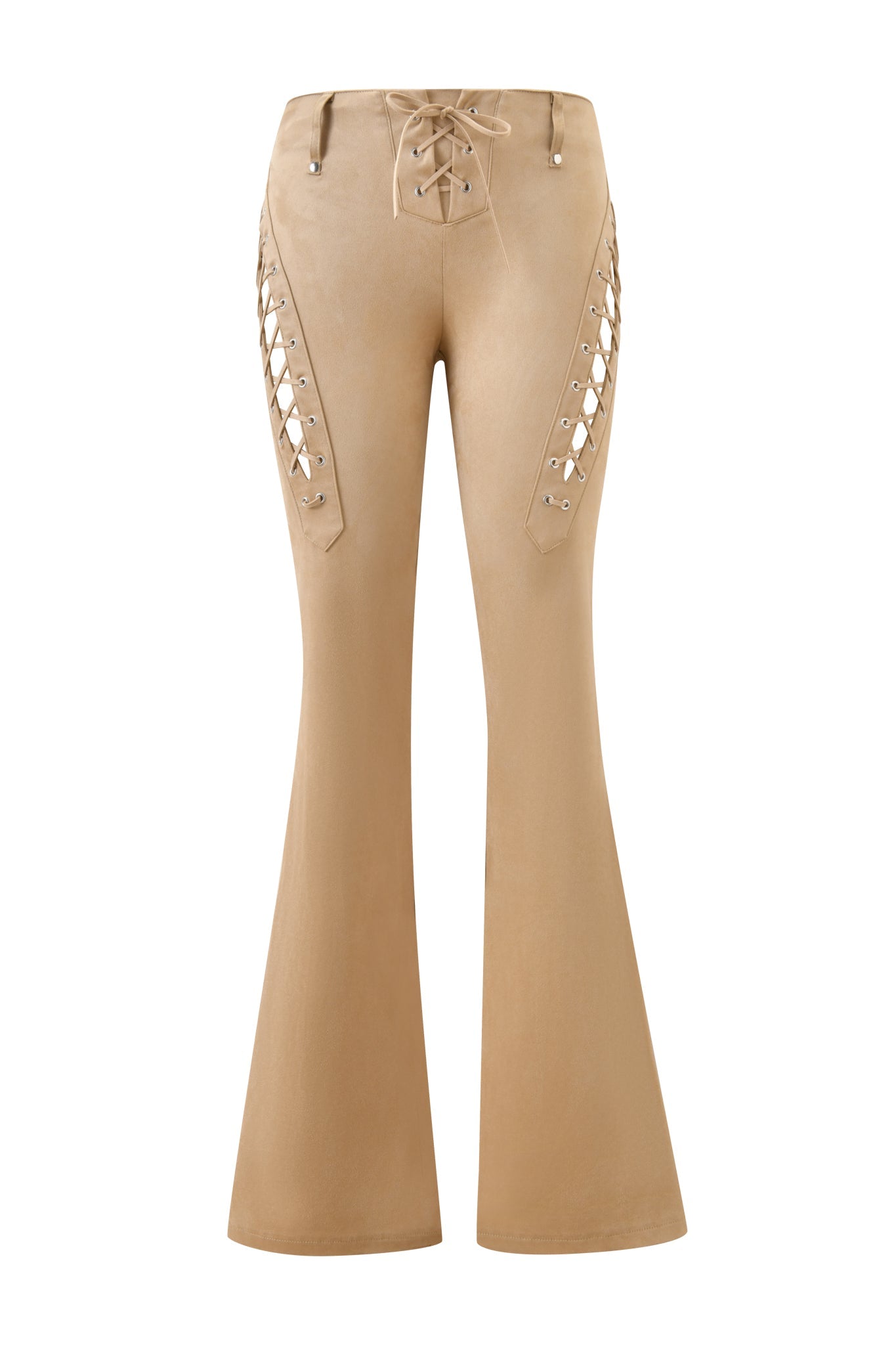 The XENIA SUEDE PANT - TAN by I.AM.GIA features tan faux suede, a flared leg silhouette, lace-up detailing on the front waist and thighs, wide bell bottoms, and a fitted upper leg.
