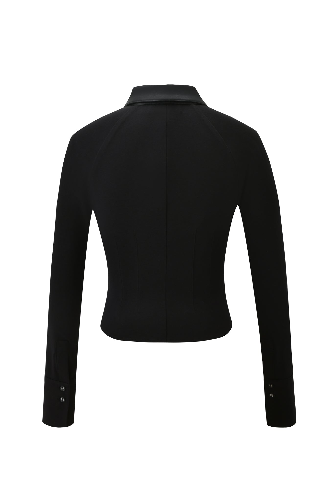 The HELIX TOP - BLACK by I.AM.GIA is a fitted long-sleeve blazer with a bodycon waist, structured shoulders, and buttoned cuffs, shown here from the back.