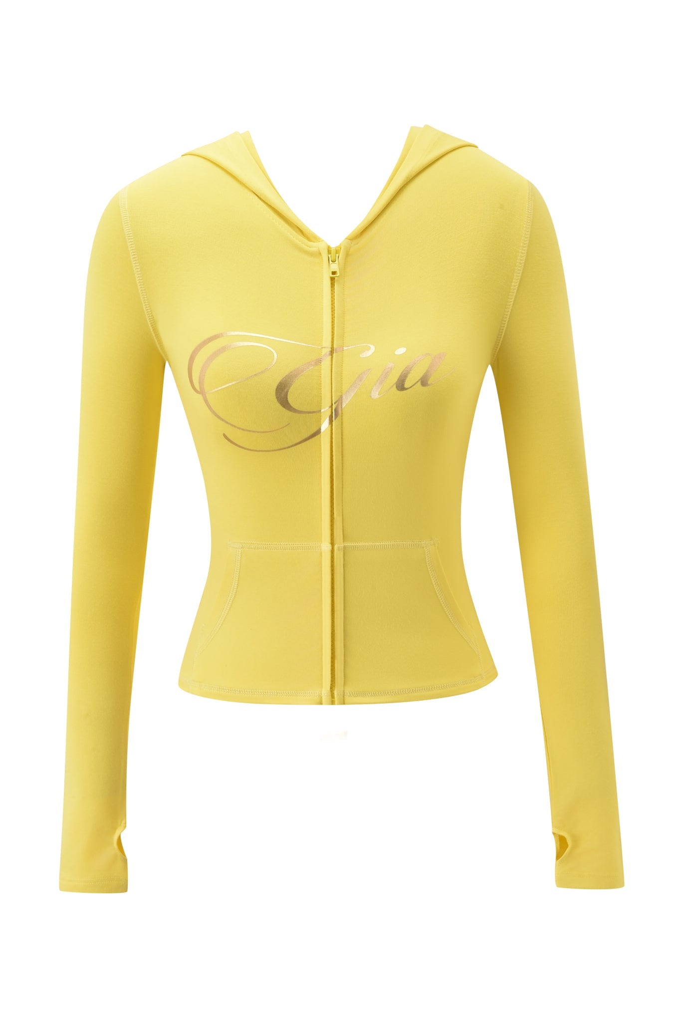 The BLARE FORM POCKET HOODIE by I.AM.GIA is a fitted, long-sleeve yellow zip-up hoodie with a bodycon fit, hood, and "Gia" in shiny gold foil cursive across the chest.