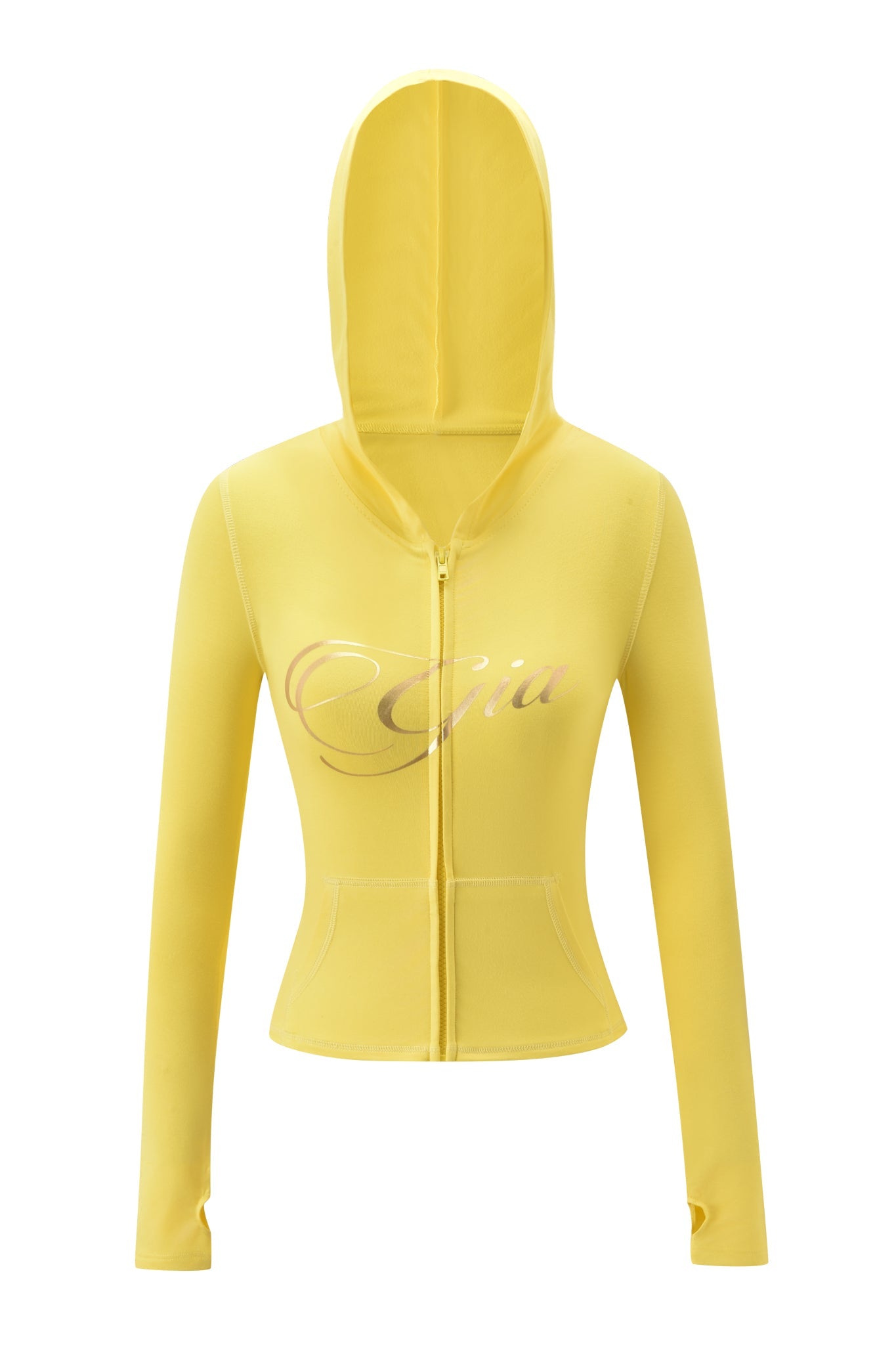 The BLARE FORM POCKET HOODIE by I.AM.GIA is a yellow zip-up with a bodycon fit, long sleeves, front zipper, and "Gia" in stylized script across the chest in gold foil.