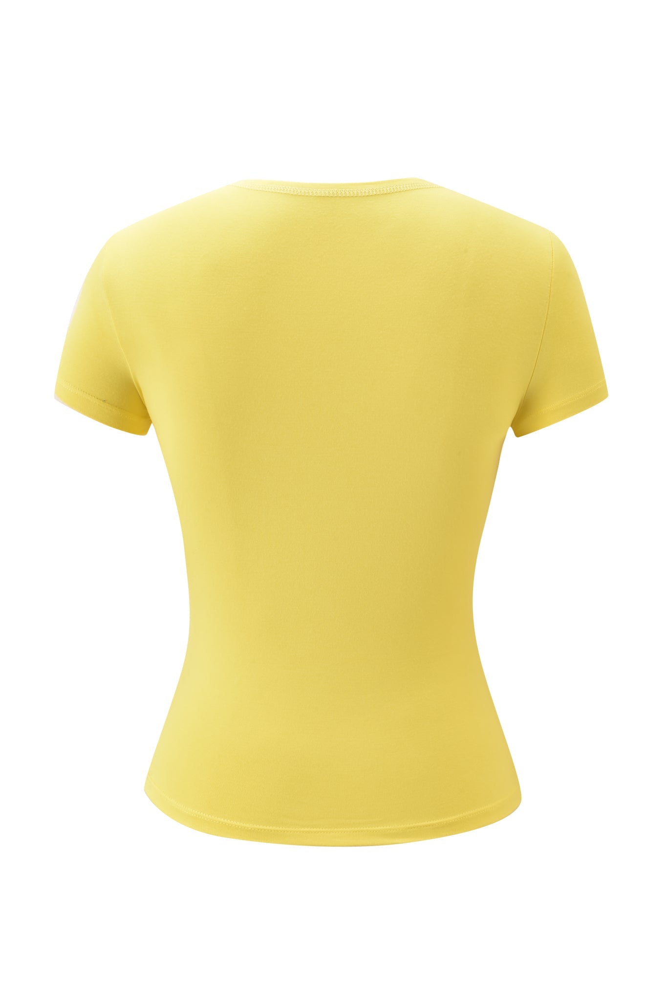 The BLARE FORM TEE - YELLOW GOLD FOIL by I.AM.GIA is a plain, form-fitting yellow baby tee shown from the back, featuring a simple silhouette with no visible patterns or logos.