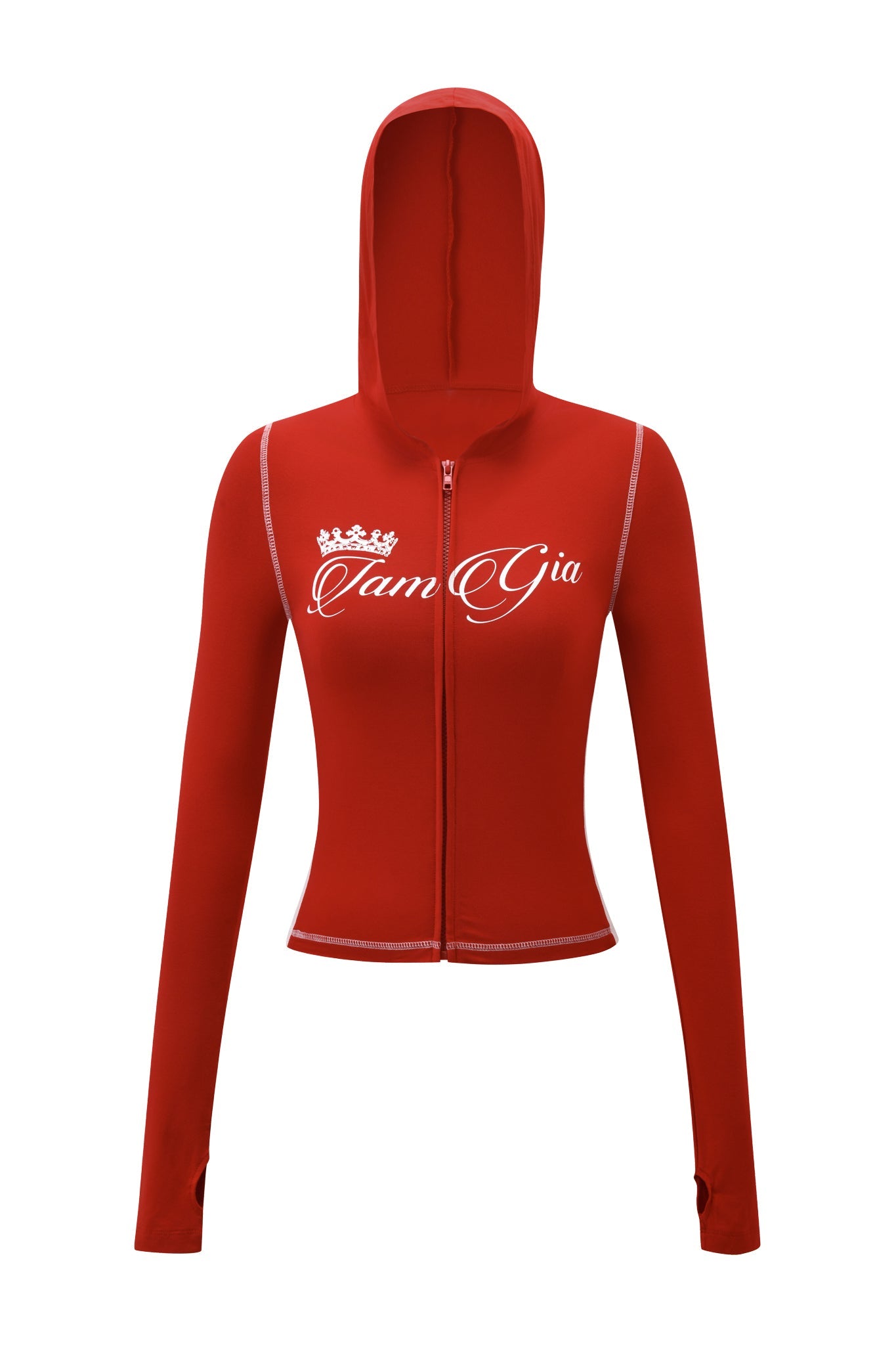 The BLARE PANELLED HOODIE - RED by I.AM.GIA offers a sporty look with its bold red color and white text design, inspired by classic hoodie styles.
