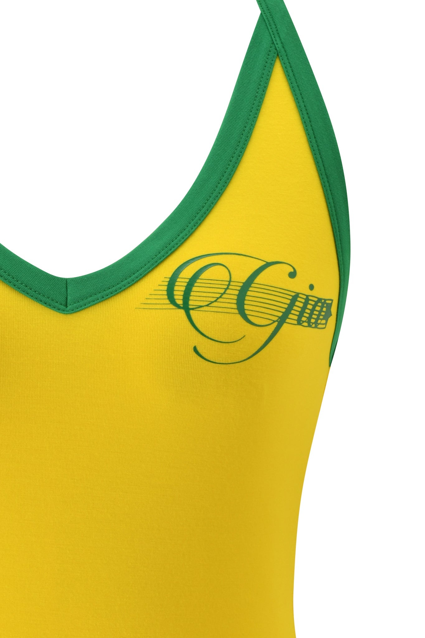 Close-up of the I.AM.GIA BLARE V-NECK TOP AND HEADBAND in yellow, featuring green trim and “Gin” in elegant slanted script on the chest. Made from buttery-soft fabric for all-day comfort.