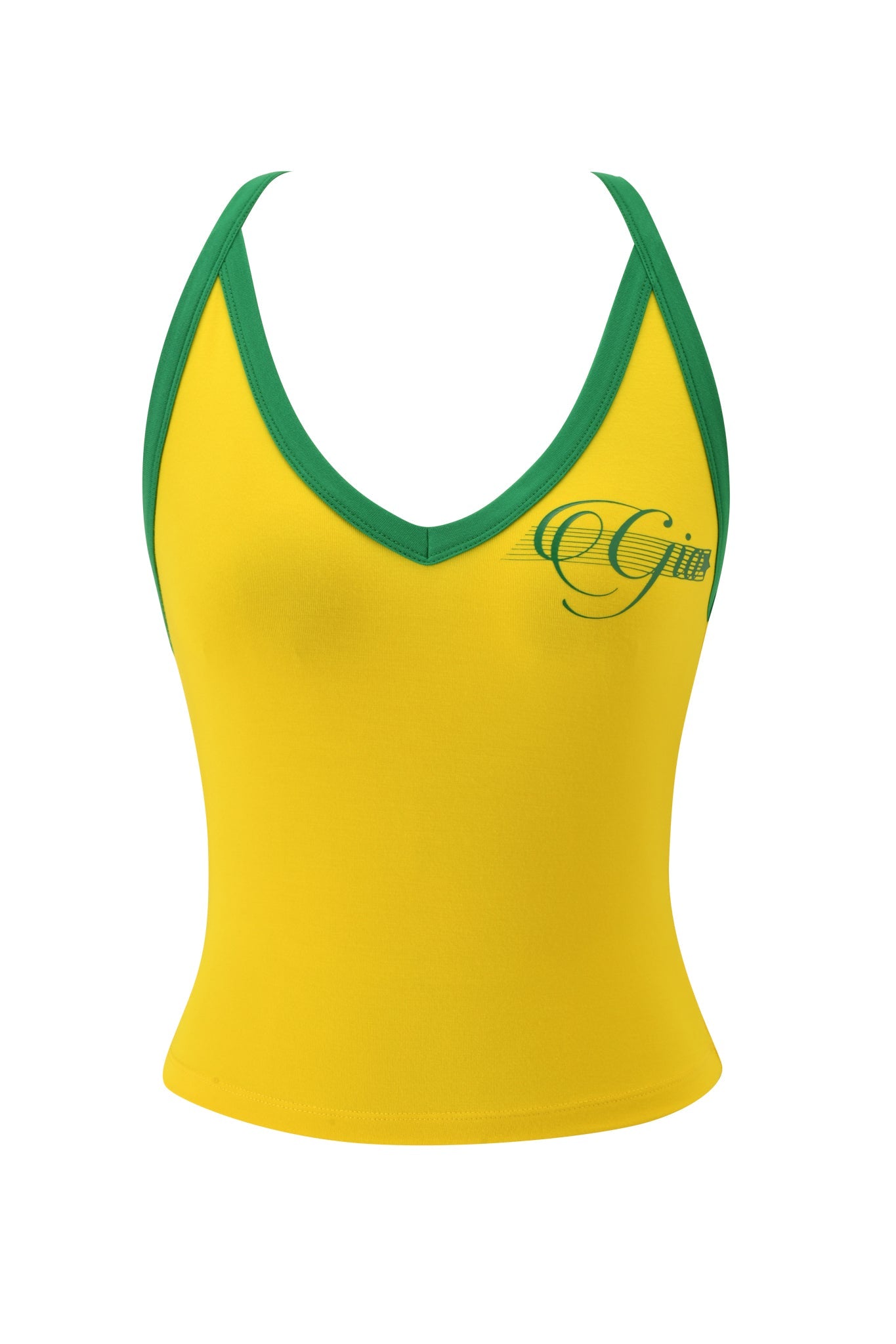 The I.AM.GIA BLARE V-NECK TOP AND HEADBAND in yellow features green trim on the straps and neckline, a small green script logo on the left chest, and is made from buttery-soft fabric, shown against a plain white background.