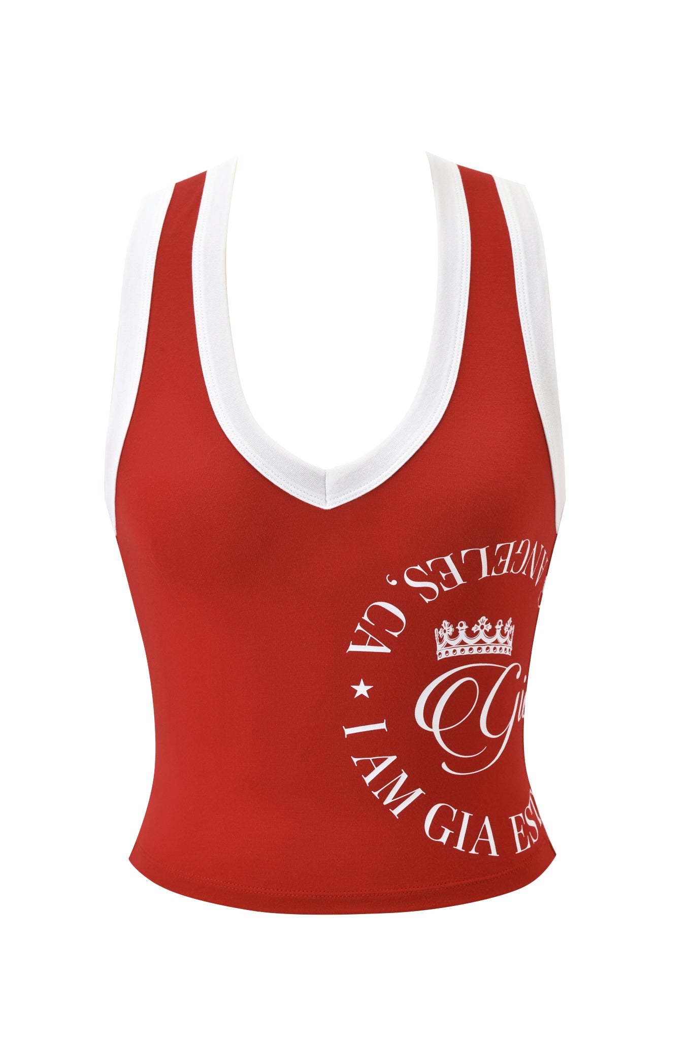 The BLARE BIND TANK - RED by I.AM.GIA is a sporty red and white cropped tank featuring a deep V-neck with white trim and “I AM GIA EST. LOS ANGELES, CA” in a circle around a crown graphic on the front.