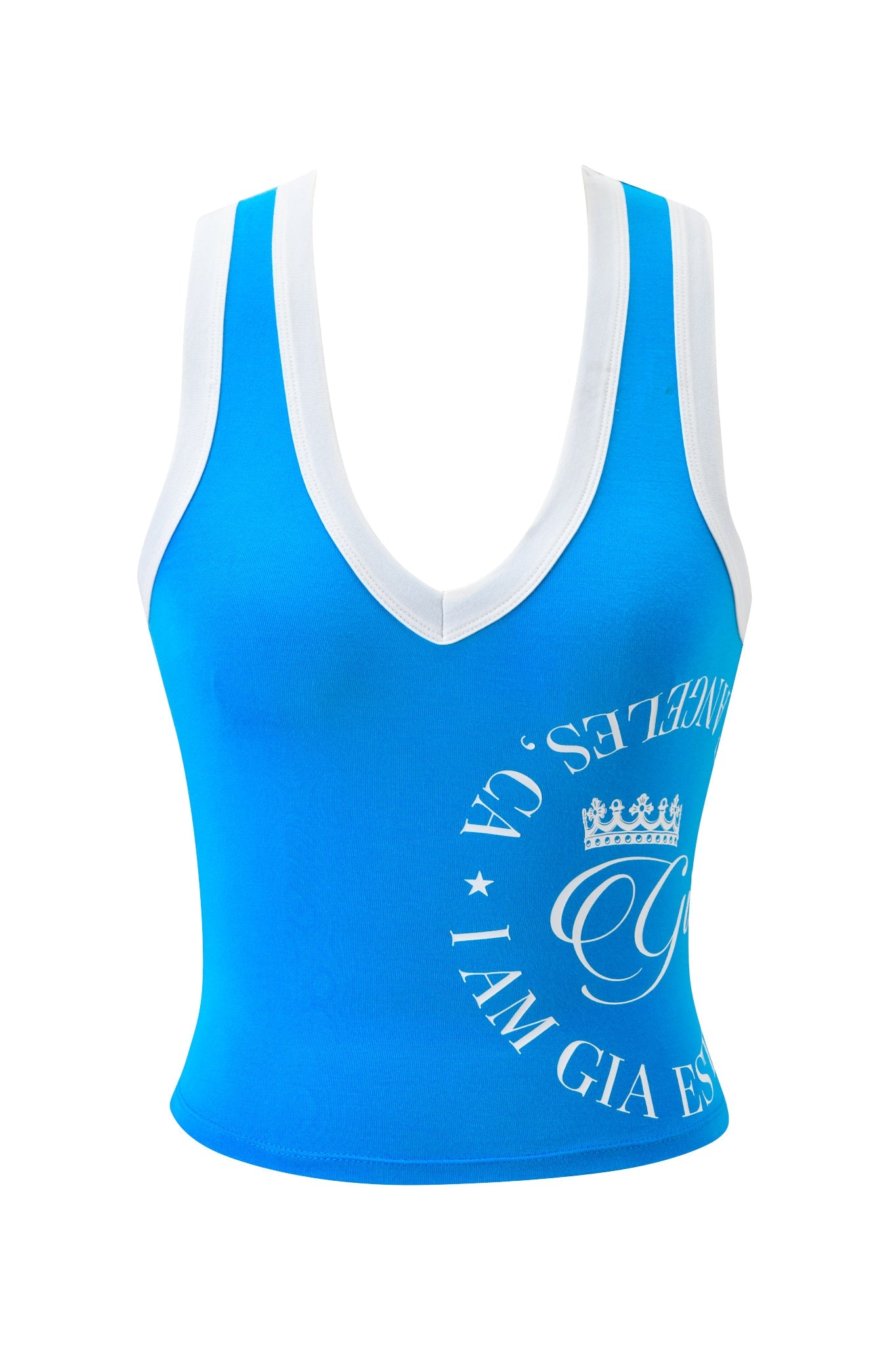 The I.AM.GIA BLARE BIND TANK in sky blue features white trim, a deep V-neck, and a front circular logo with white text and a crown graphic reading "I AM GIA EST. LOS ANGELES.