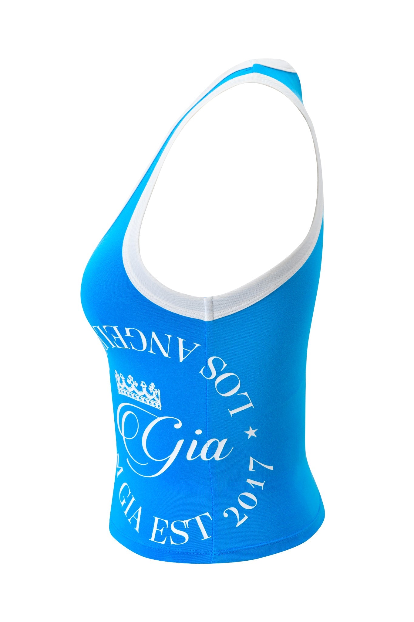 The I.AM.GIA BLARE BIND TANK in sky blue is a sporty top with white trim, featuring a "Gia Est 2017" print and crown graphic on the front.