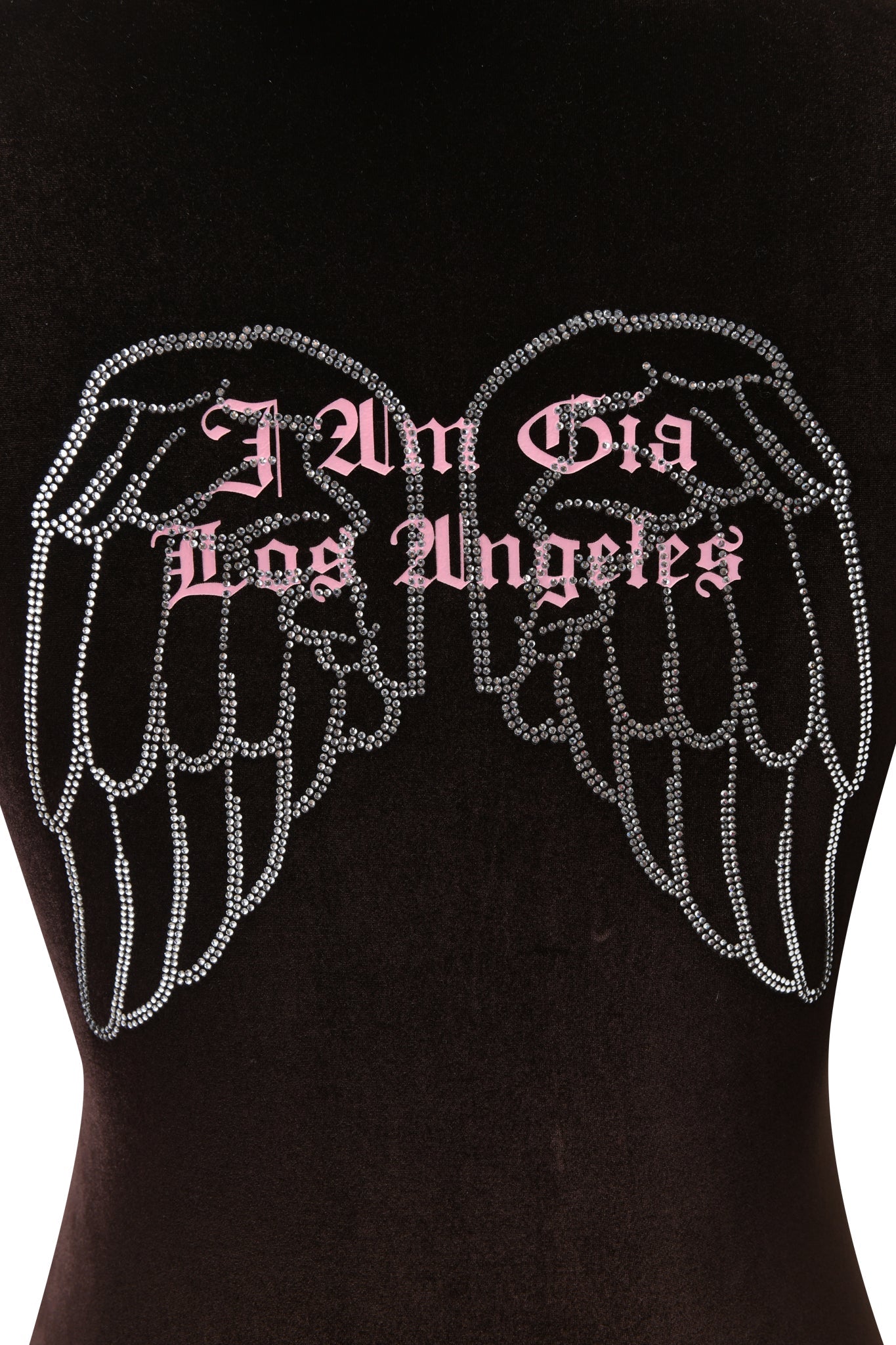 A rhinestone angel wings design with pink gothic "I.AM.GIA Los Angeles" text decorates the BLARE VELOUR POCKET HOODIE in chocolate by I.AM.GIA.