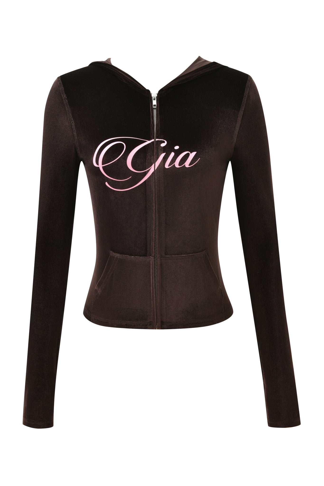 The BLARE VELOUR POCKET HOODIE - CHOCOLATE by I.AM.GIA is a fitted chocolate brown velour hoodie with two front pockets and "Gia" in large pink script across the chest.