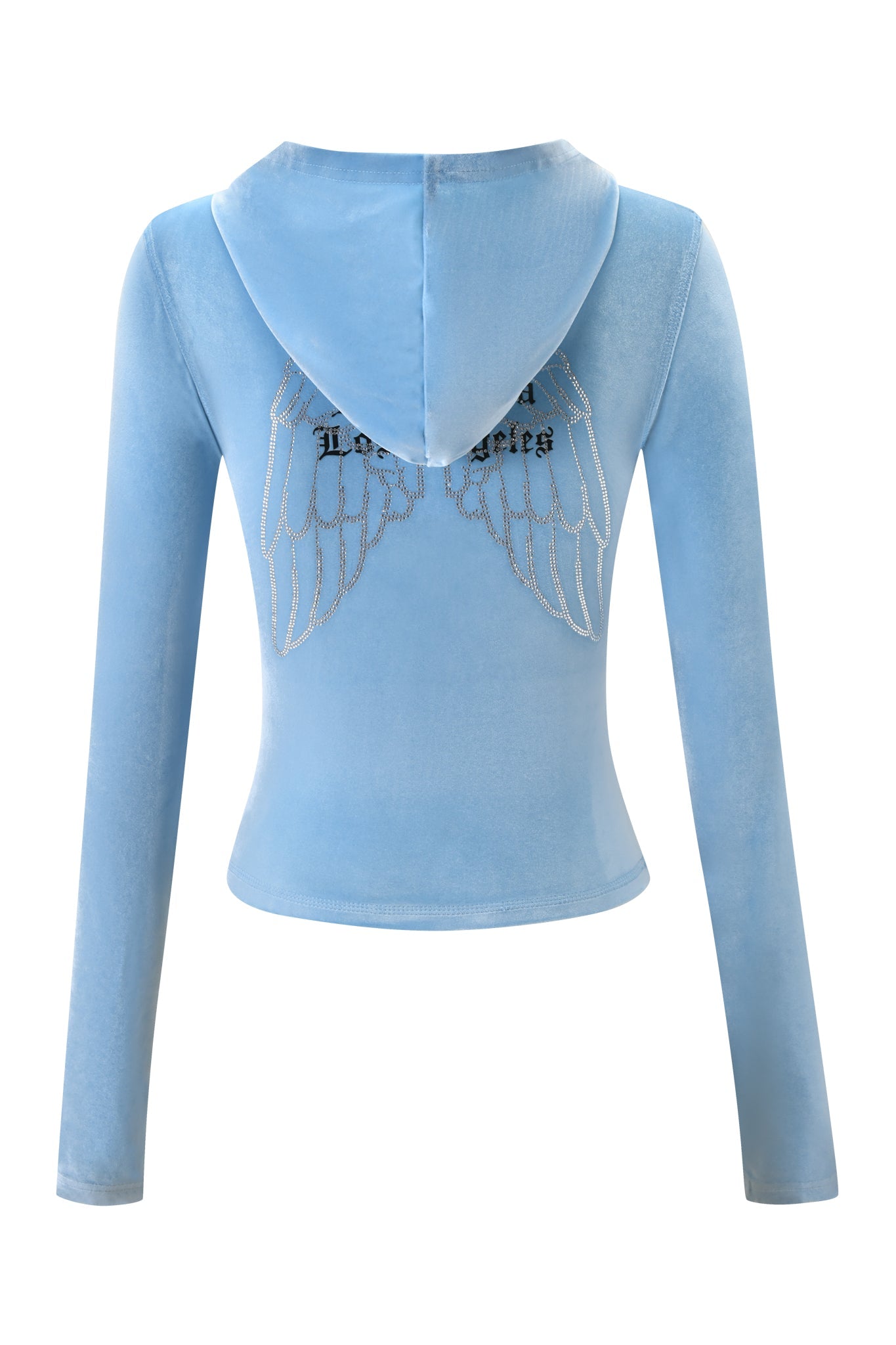 The BLARE VELOUR POCKET HOODIE in ice blue by I.AM.GIA is shown from the back, featuring sparkling diamanté angel wings and black cursive text across the upper back—true to I.AM.GIA’s iconic style.