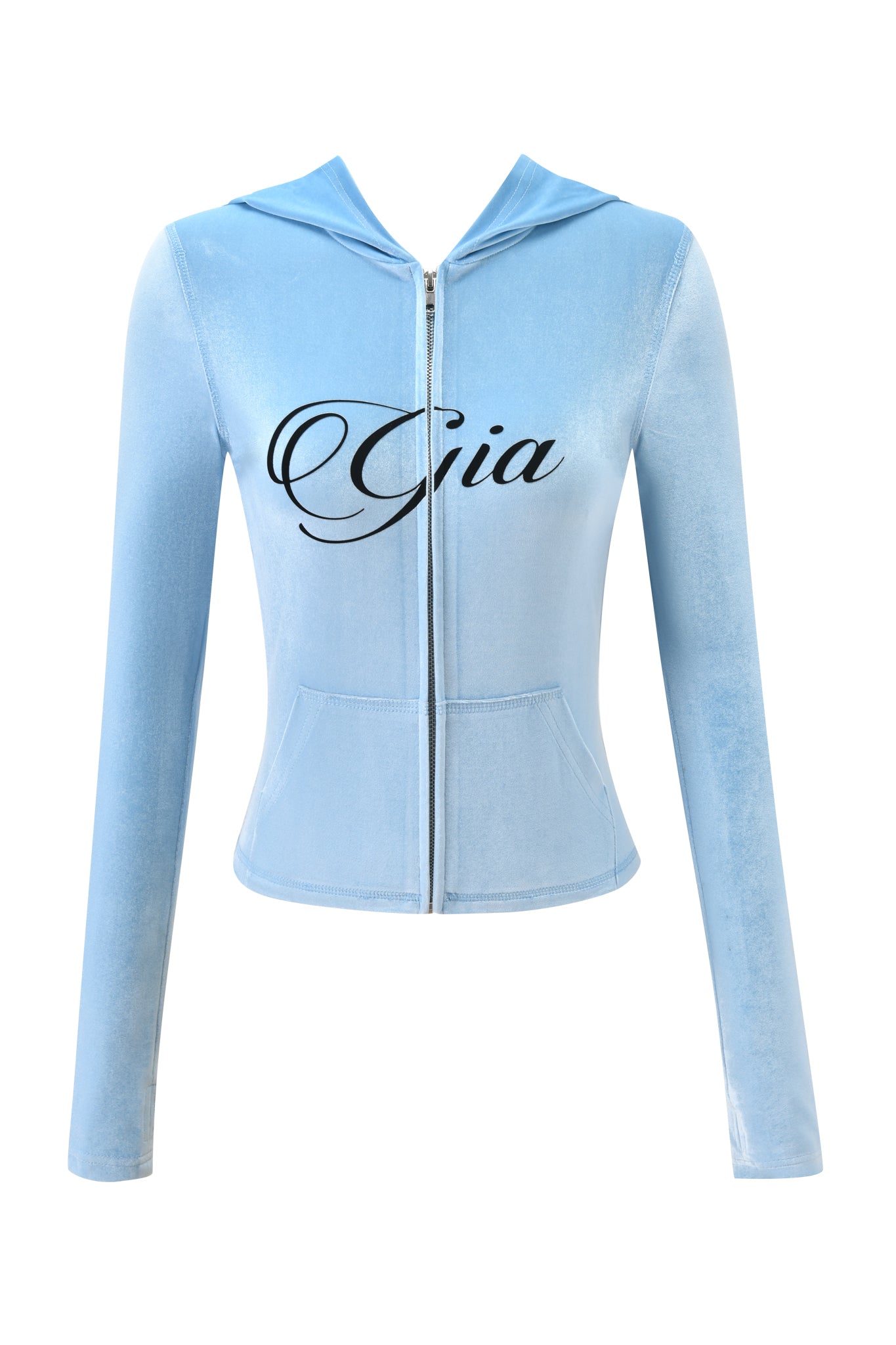 The I.AM.GIA BLARE VELOUR POCKET HOODIE in Ice Blue features long sleeves, front pockets, bold "Gia" script on the chest, and sparkling diamanté angel wings on the soft velour back.