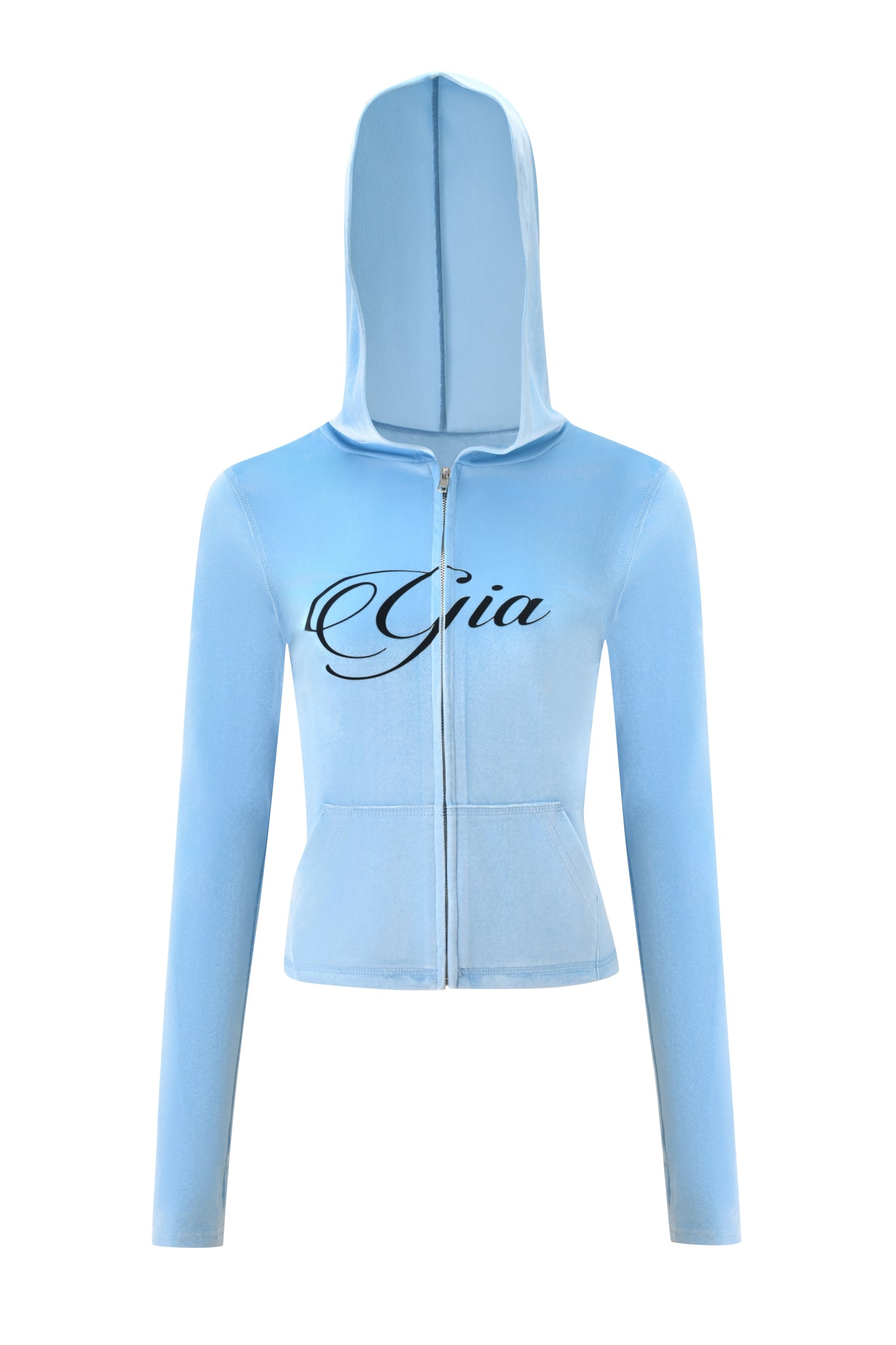 The I.AM.GIA BLARE VELOUR POCKET HOODIE in ice blue features long sleeves, a hood, and "Gia" elegantly scripted in black on the front.