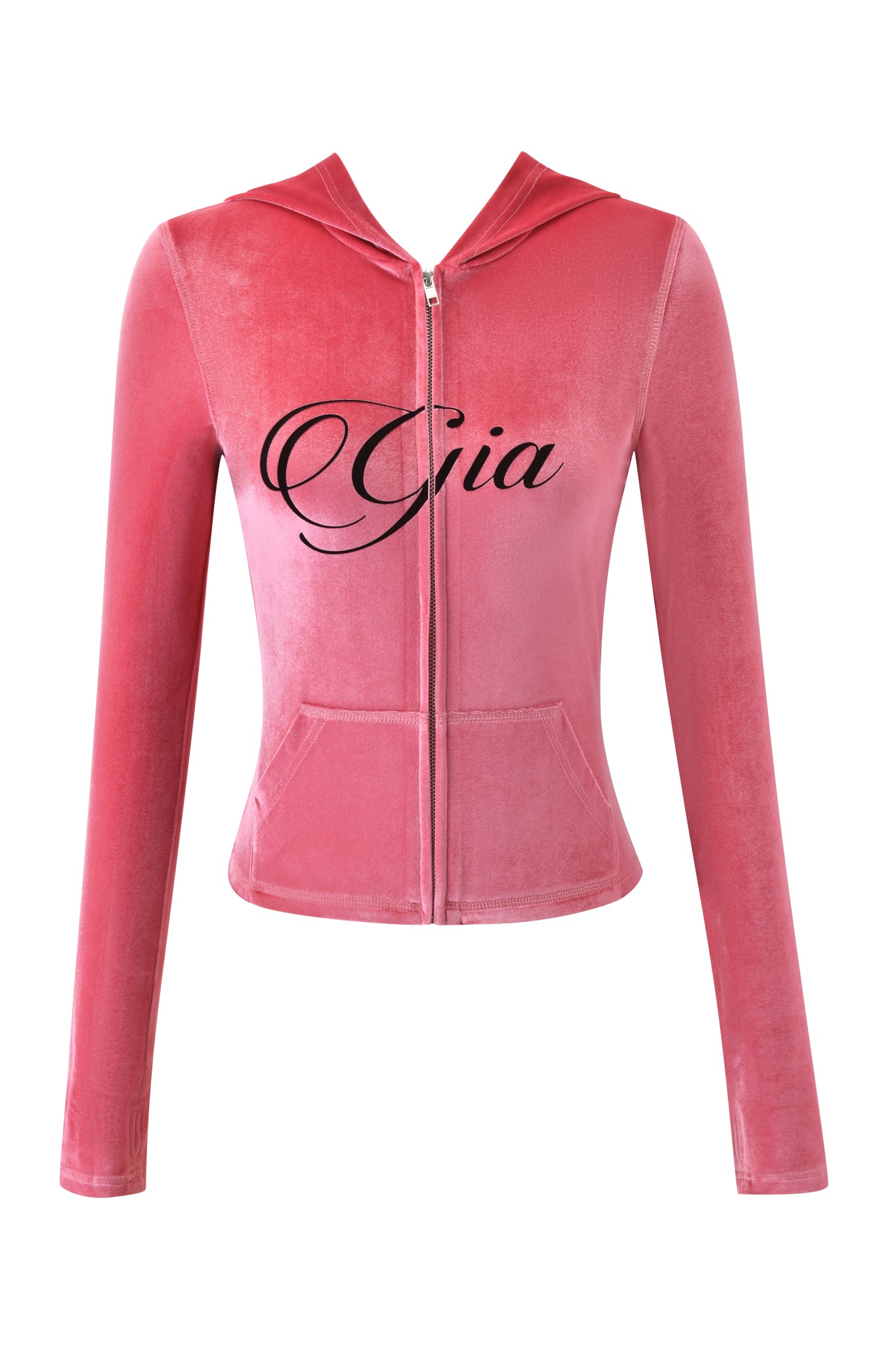 The I.AM.GIA BLARE VELOUR POCKET HOODIE in pink features a hood, two front pockets, diamanté angel wings on the back, and “Gia” in bold black script across the chest.