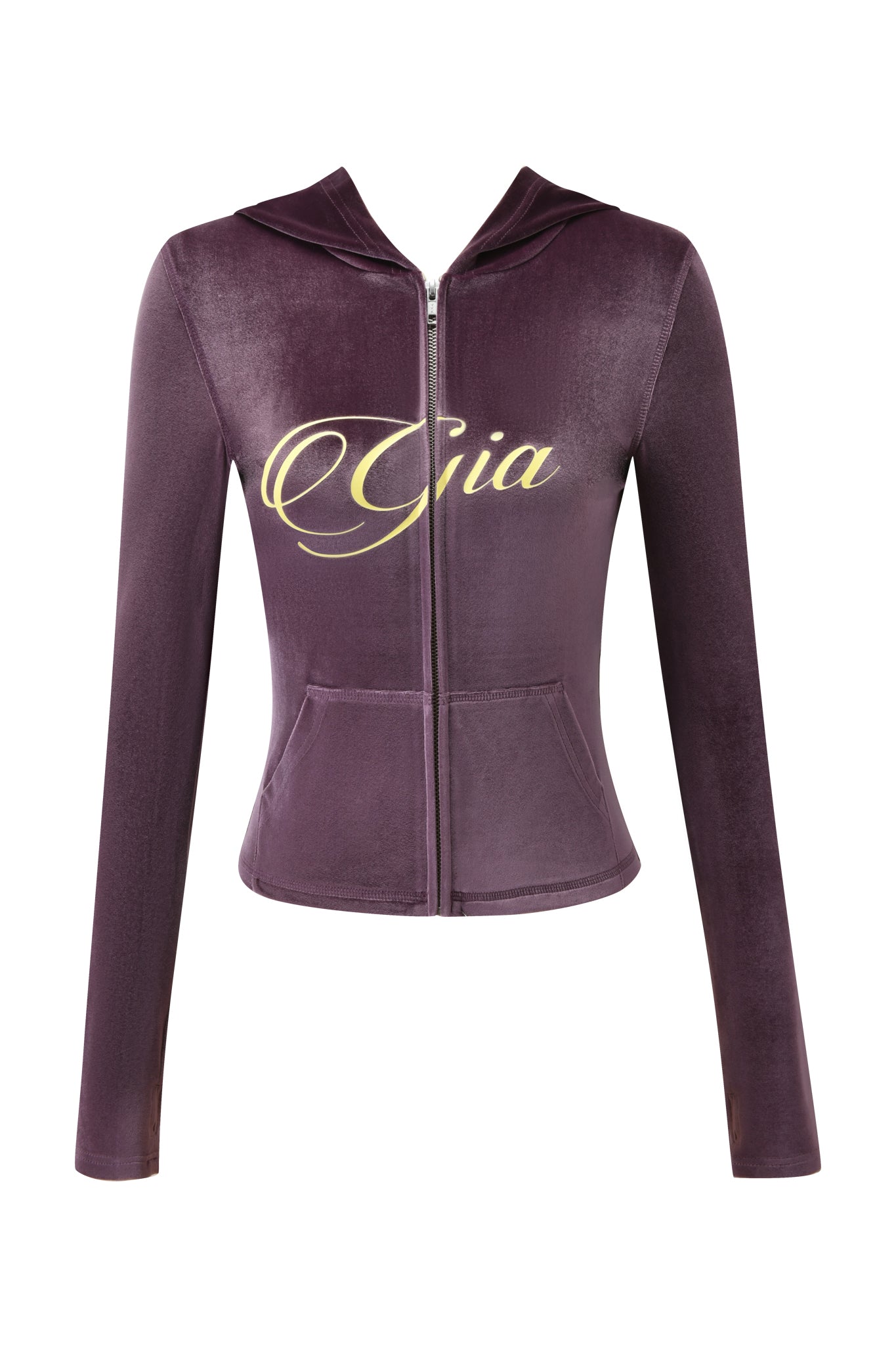 The BLARE VELOUR POCKET HOODIE by I.AM.GIA features a fitted silhouette in purple, long sleeves, front pockets, and a bold gold "GIA" script logo for luxe style.