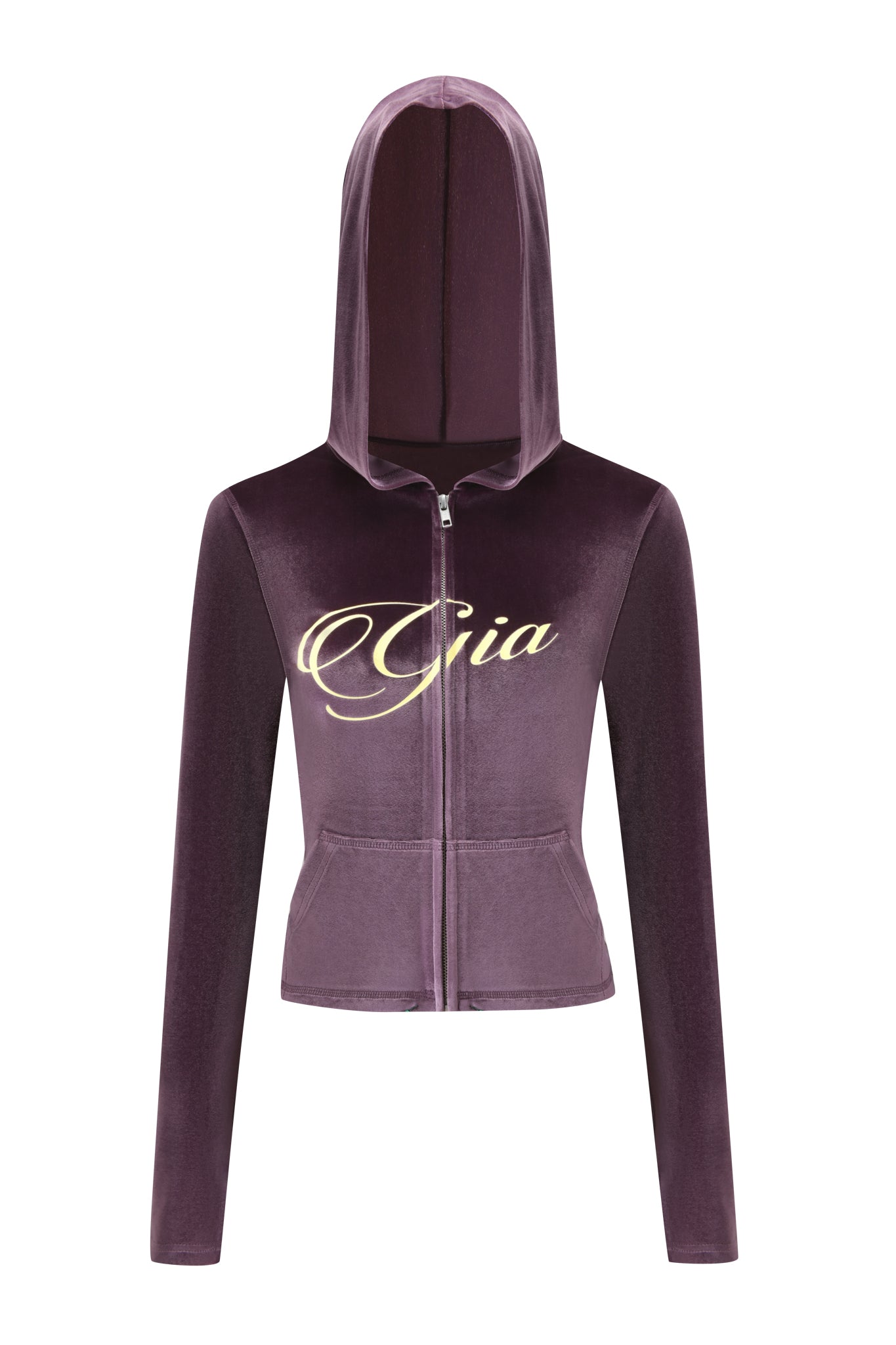 The I.AM.GIA BLARE VELOUR POCKET HOODIE in purple features a zip front, hood, gold GIA script logo on the chest, and sparkling diamanté angel wings on the back.