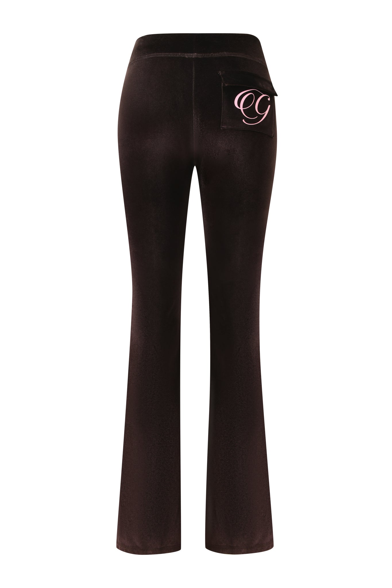 Back view of the I.AM.GIA BLARE VELOUR POCKET TRACKPANT in chocolate, featuring a right-side patch pocket and a pink stylized "GG" logo.