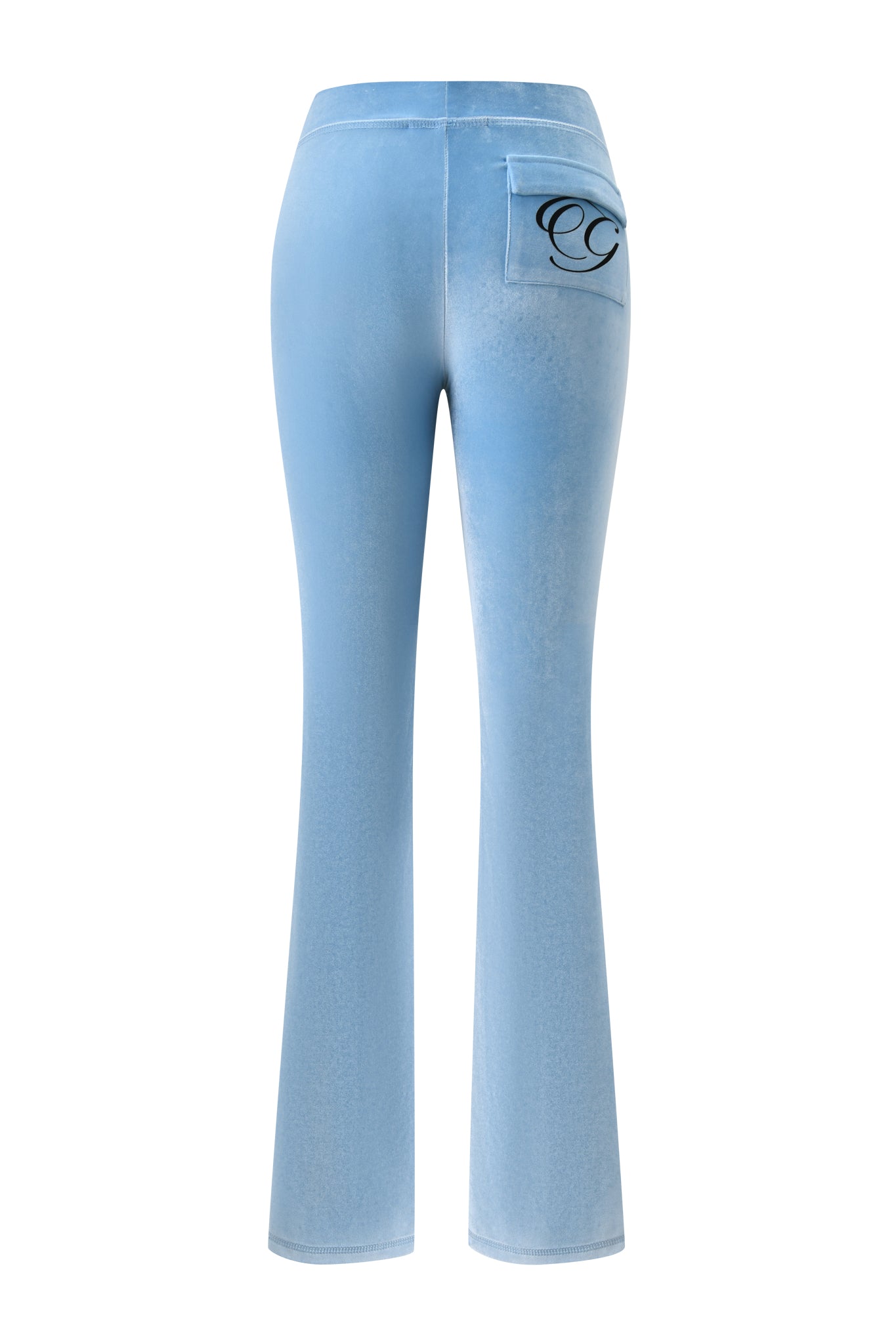 Back view of the I.AM.GIA BLARE VELOUR POCKET TRACKPANT in ice blue, featuring a mid-rise waist, single back pocket with black GIA script logo, and slightly flared legs.