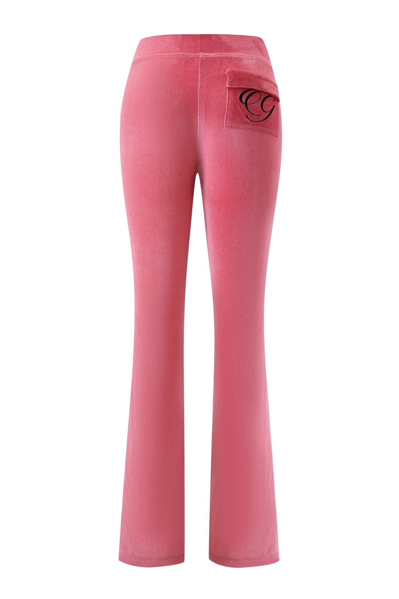The BLARE VELOUR POCKET TRACKPANT in pink by I.AM.GIA is shown from the back in a sculpted fit, featuring a single right back pocket with a black embroidered logo.