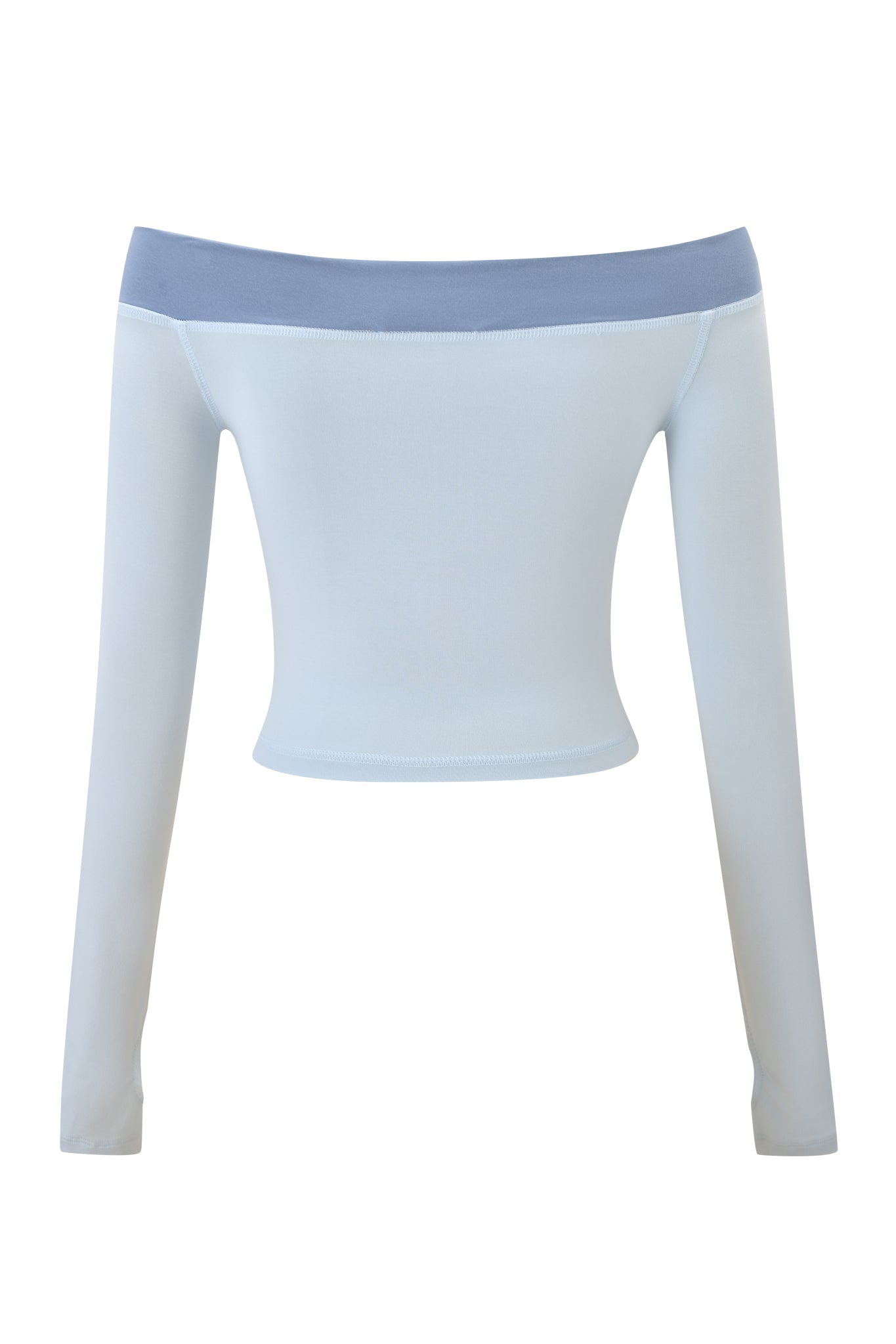 The I.AM.GIA BLARE OFF SHOULDER TOP - TWO TONE POWDER BLUE features long sleeves, a soft viscose fabric, and a darker blue band at the neckline, shown on a plain white background.