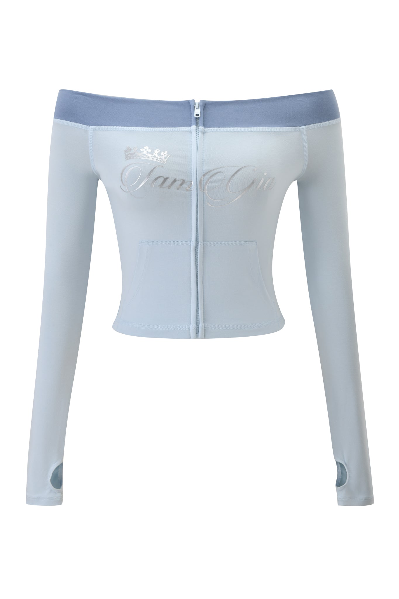 The BLARE OFF SHOULDER TOP - TWO TONE POWDER BLUE by I.AM.GIA features long sleeves, a front zipper, thumb holes, and “Lanes Gin” with a crown in white script on soft viscose for all-day comfort.