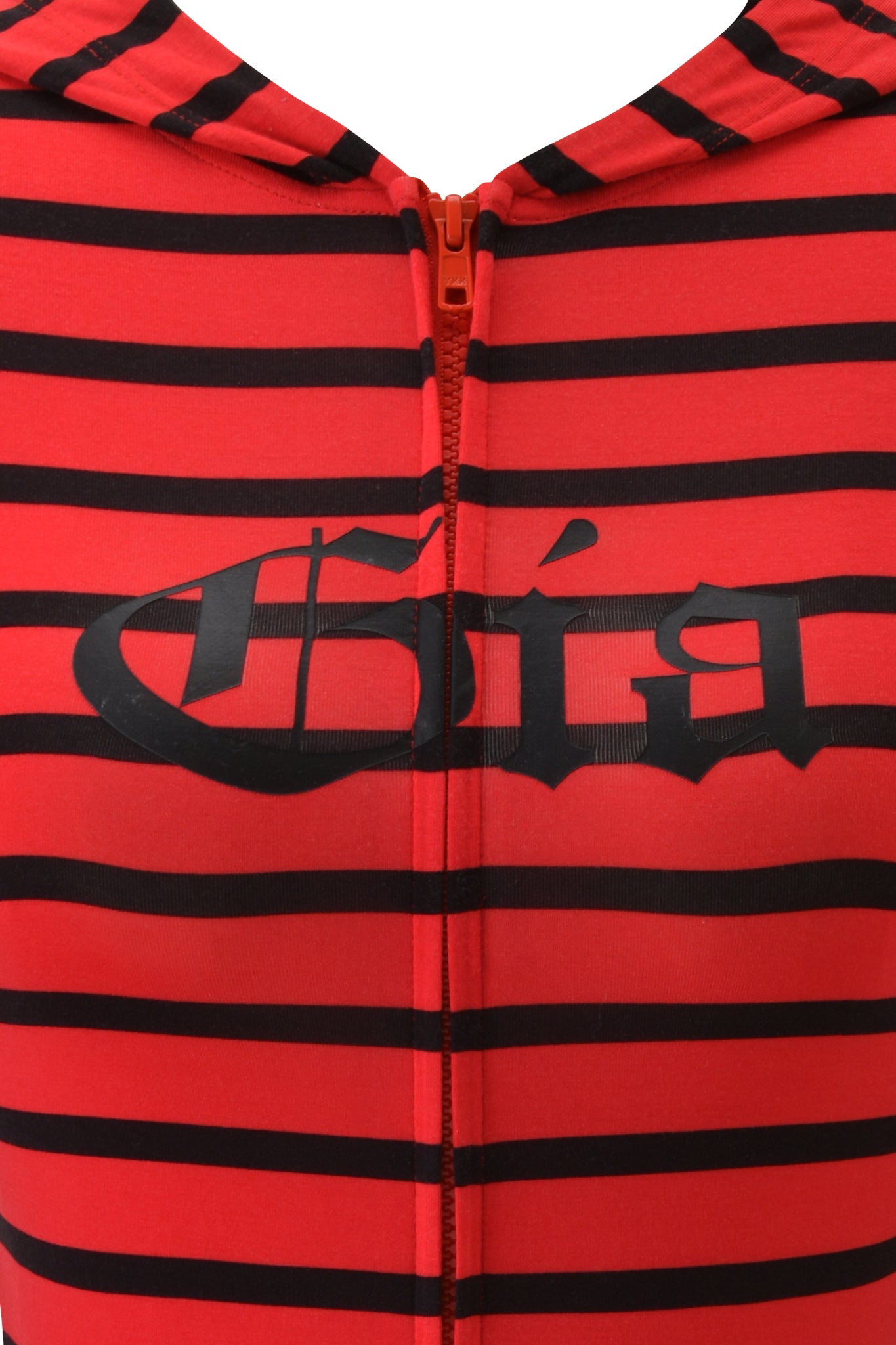 Close-up of the I.AM.GIA BLARE HOODIE in red and black stripes, made from buttery-soft viscose with bold black Gothic “Gia” lettering across the chest and a zipper front.