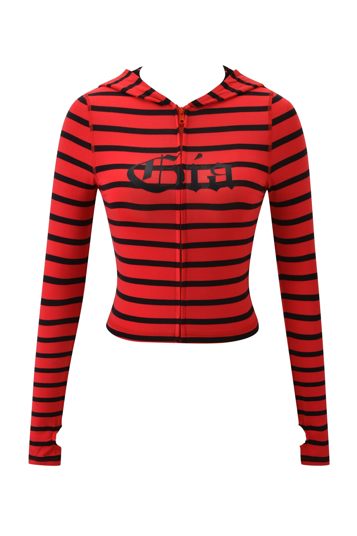 The BLARE HOODIE by I.AM.GIA features red and black stripes, a black chest graphic, long sleeves, a front zipper, and a cropped fit in buttery-soft viscose.