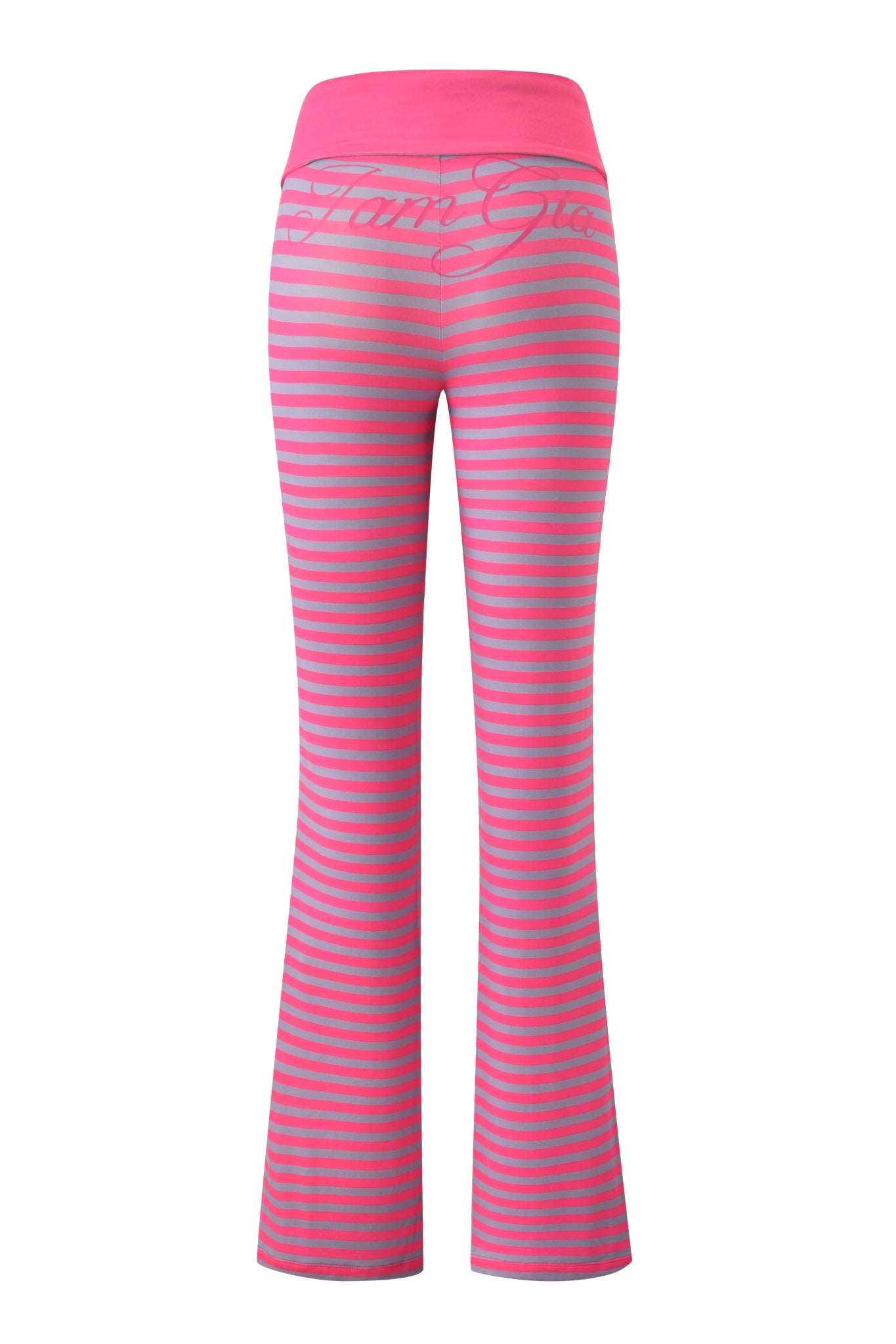 Back view of the I.AM.GIA BLARE FOLDOVER TRACKPANT - HOT PINK STRIPE, featuring pink and gray stripes, a wide waistband, flared legs, and "Glam Girl" in cursive across the upper back for added style.