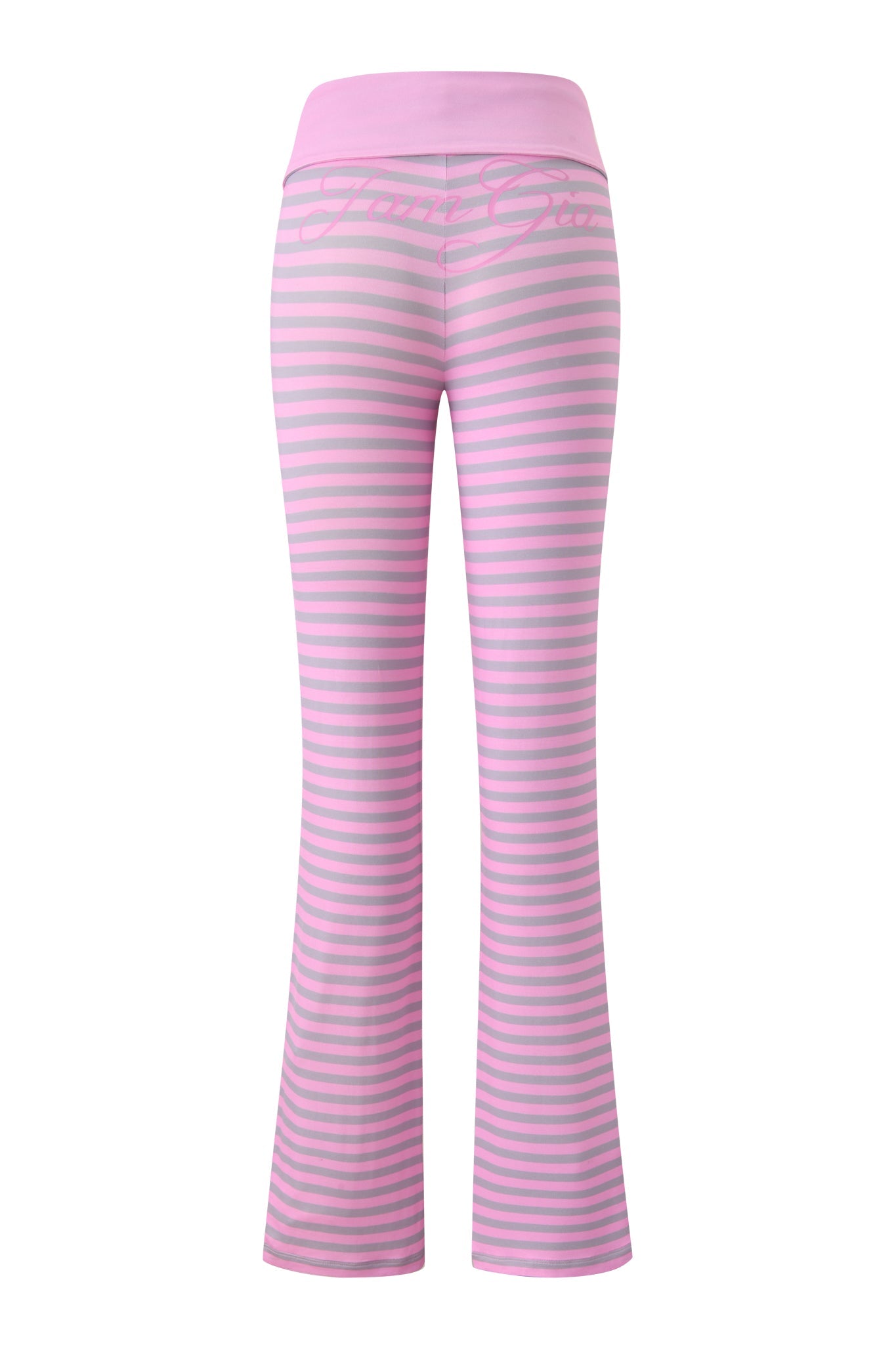I.AM.GIA BLARE FOLDOVER TRACKPANT - LIGHT PINK STRIPE, featuring pink and light gray horizontal stripes, a stylish flared leg, and wide foldover waistband, shown on a white background.