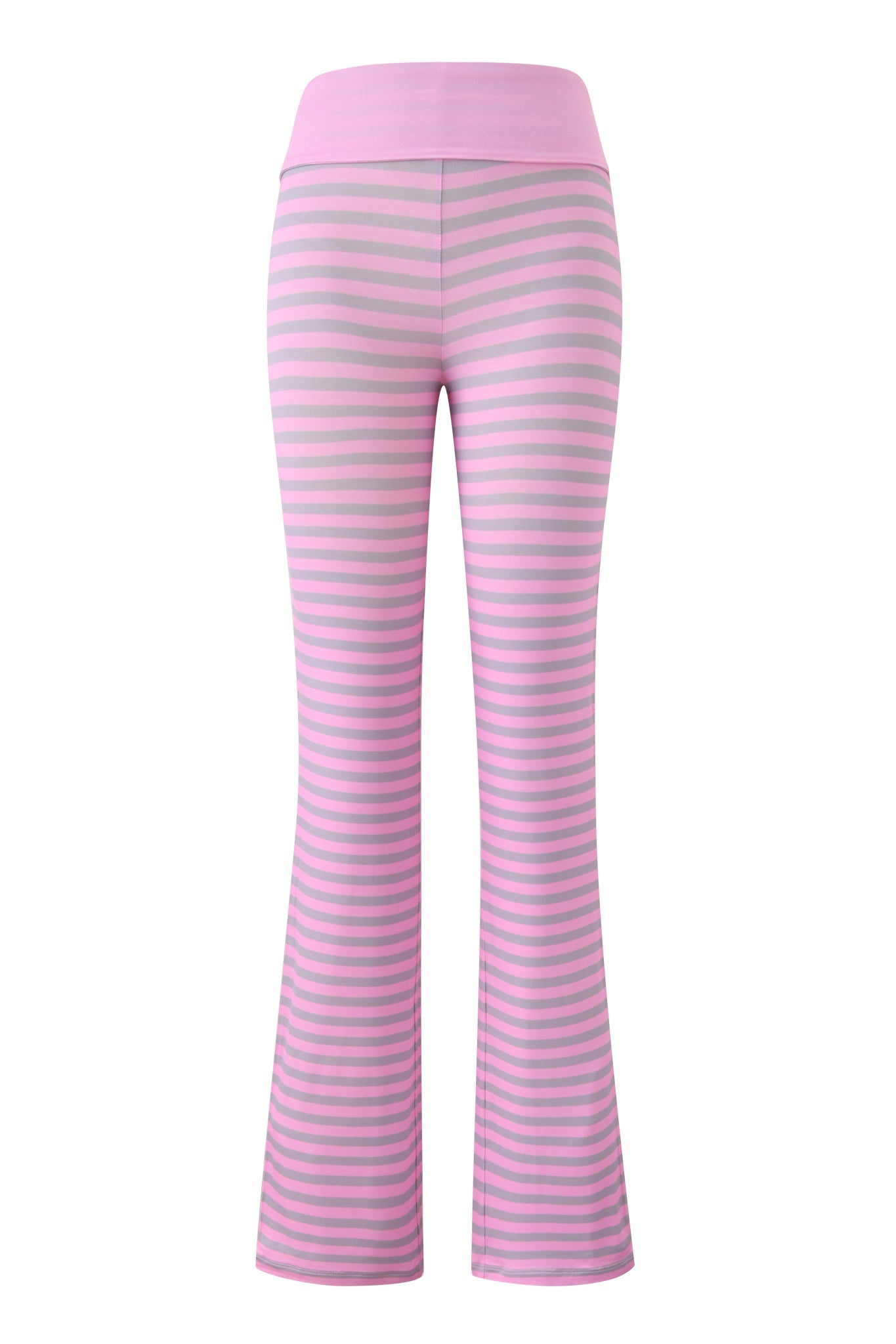 The I.AM.GIA BLARE FOLDOVER TRACKPANT - LIGHT PINK STRIPE features flared legs and a flattering foldover waistband, shown against a white background.
