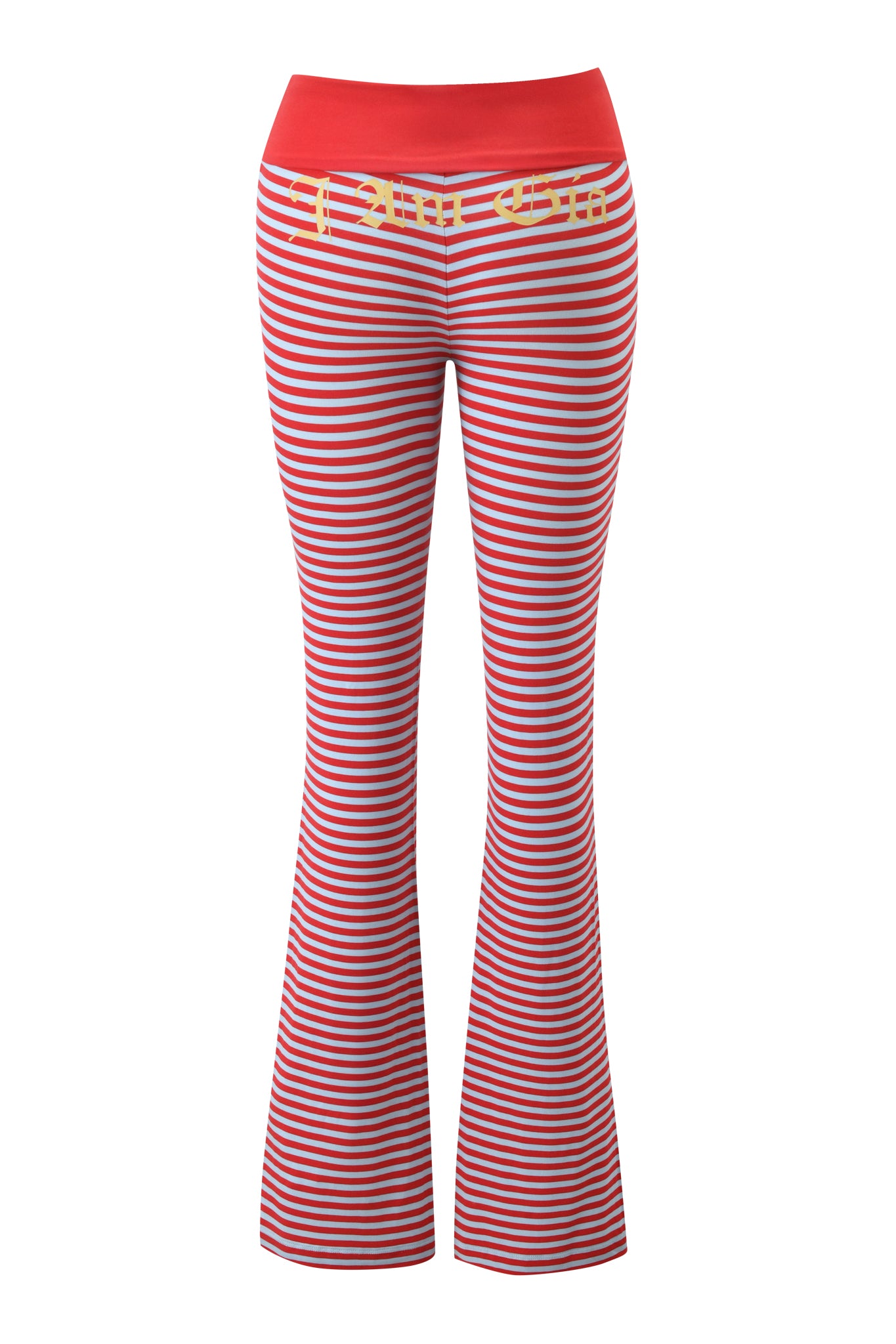 The I.AM.GIA BLARE FOLDOVER TRACKPANT in red and blue stripe features a wide red waistband, yellow front text, and is crafted from buttery-soft viscose for all-day comfort.