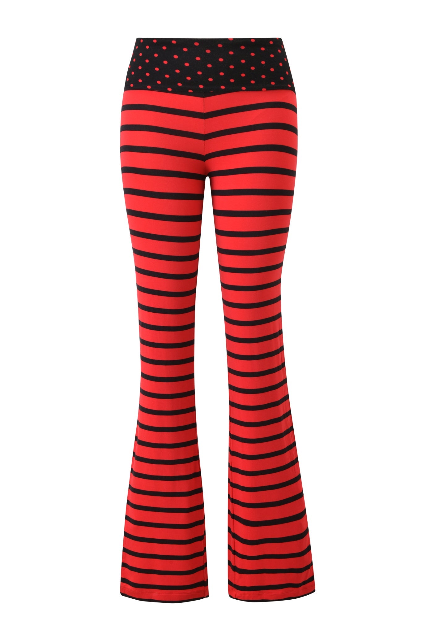 The I.AM.GIA BLARE FOLDOVER TRACKPANT features bold red and black stripes, a retro bell-bottom silhouette, and a high-waisted black foldover waistband with red polka dots for standout style.