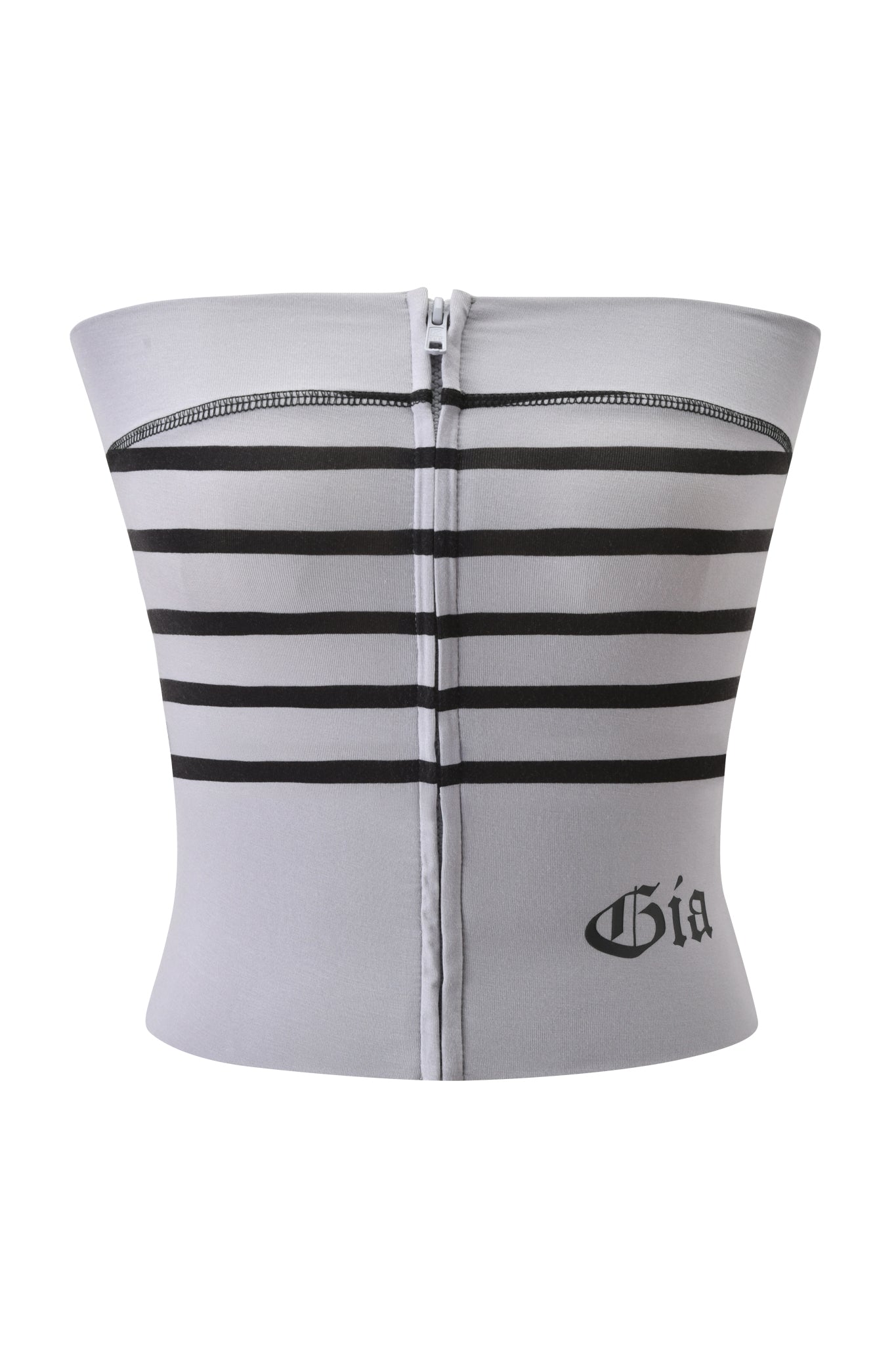 The BLARE ZIP BOOB TUBE by I.AM.GIA is a gray, strapless bandeau featuring black horizontal stripes, a center-back zipper, buttery-soft fabric, and "Gia" printed in black Gothic font on the bottom right hem.