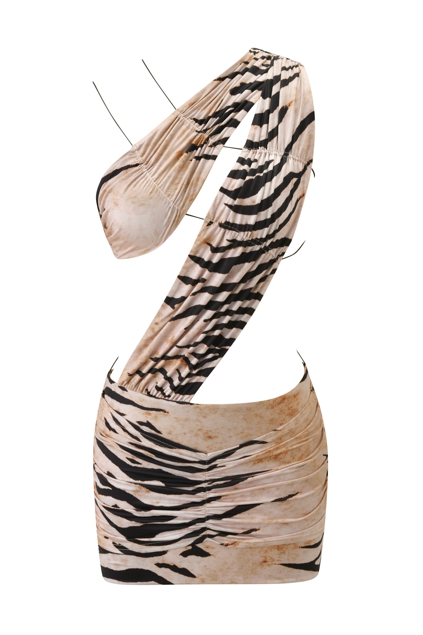 The SASKIA MINI DRESS – WILD SIDE by I.AM.GIA is a one-shoulder, bodycon mini dress featuring beige and black tiger stripes, ruched detailing, an asymmetric cut-out design, and thin black straps.