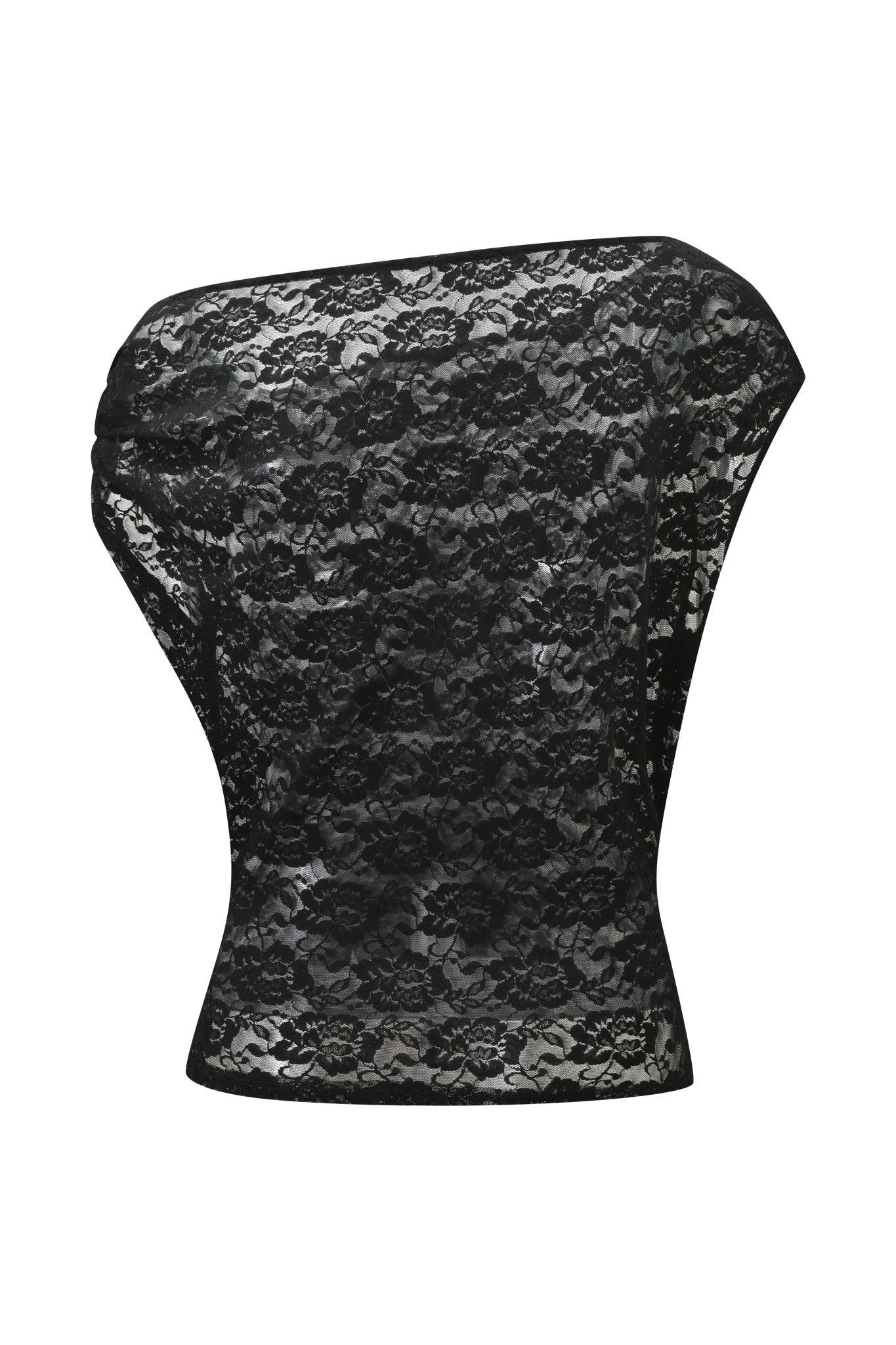 The I.AM.GIA GISELLE LACE TOP in black features a sleeveless, asymmetrical neckline with a sheer floral lace design, elegantly displayed on a white background.
