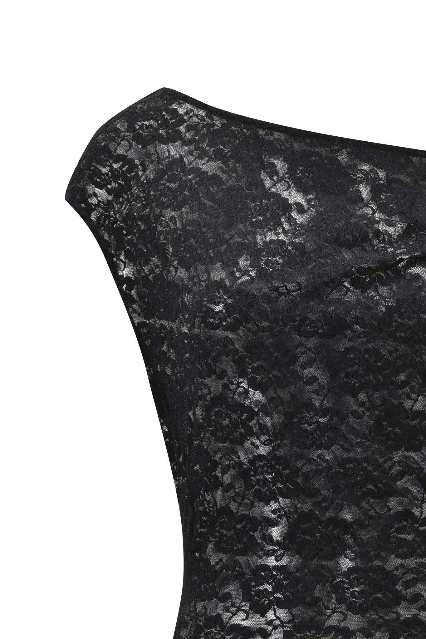 Close-up of the I.AM.GIA GISELLE LACE TOP - BLACK, featuring an off shoulder design, semi-sheer floral lace on the upper bodice and shoulders, and a slightly curved neckline.