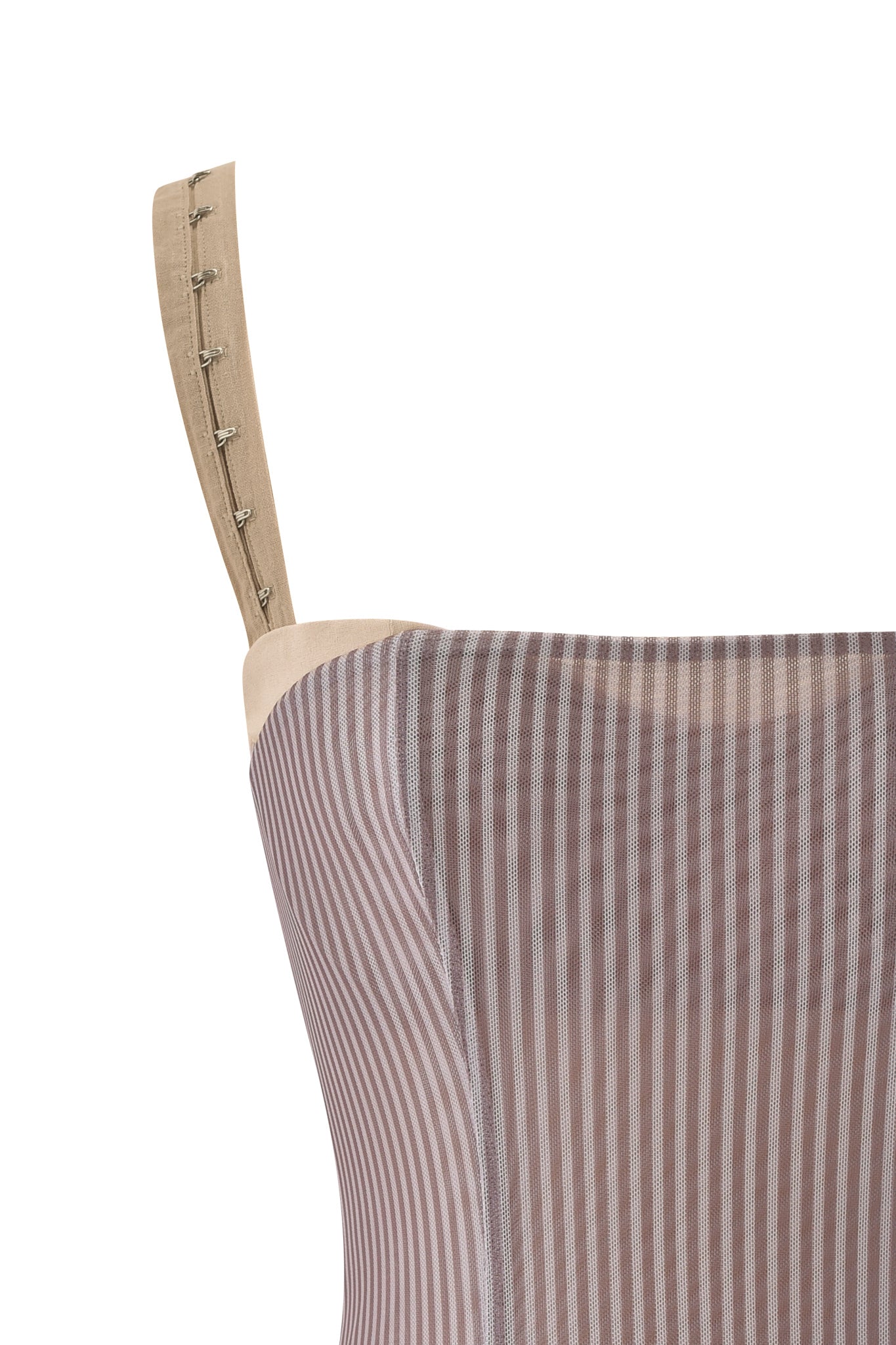 Close-up of the I.AM.GIA SEPHI TOP - MUSHROOM STRIPE, a sleeveless top with a sheer overlay, beige visible strap, stripe print, and multiple metal hook closures.